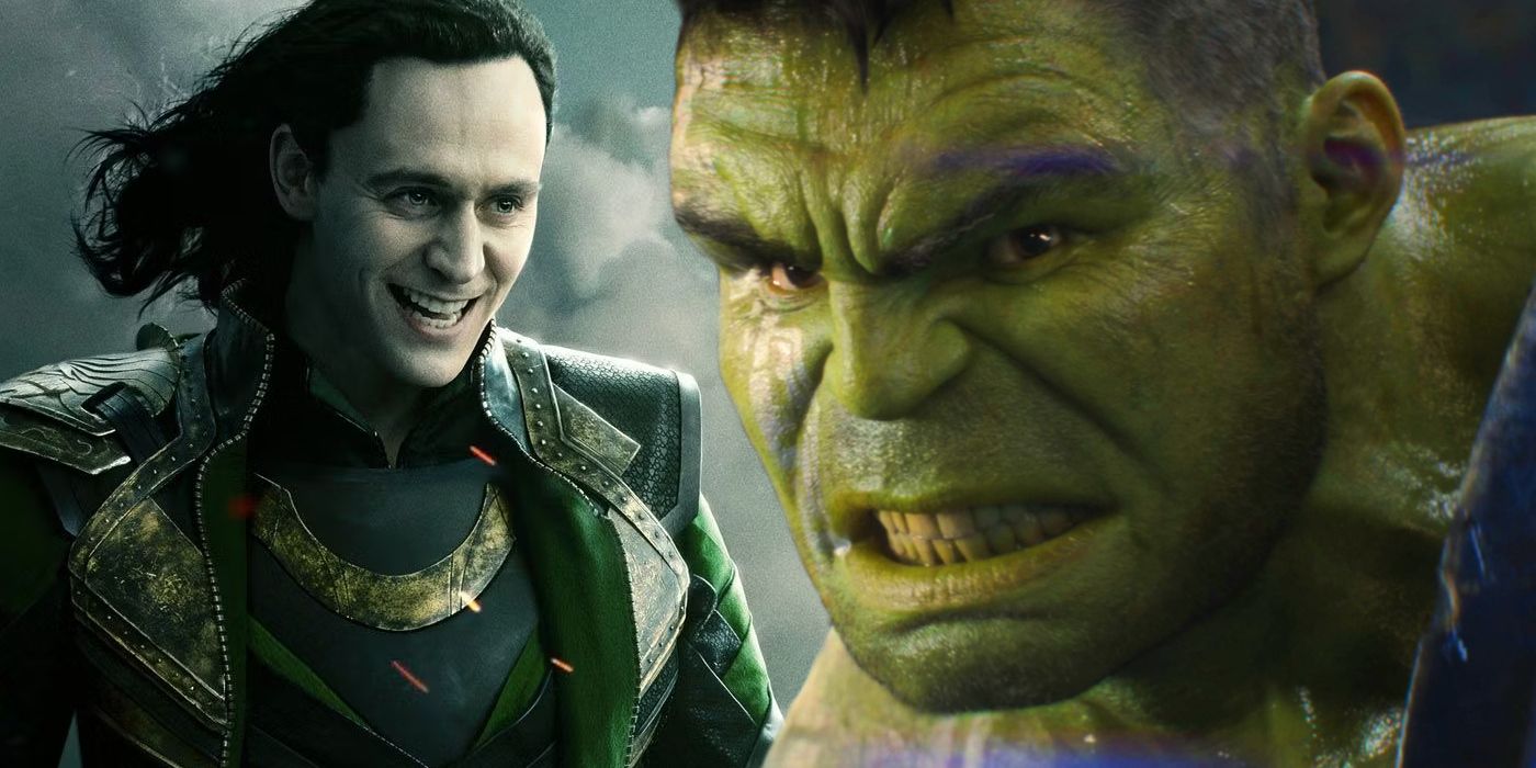 Split image of Tom Hiddleston as Loki on a poster for Thor: The Dark World and Mark Ruffalo as Hulk in Thor: Ragnarok