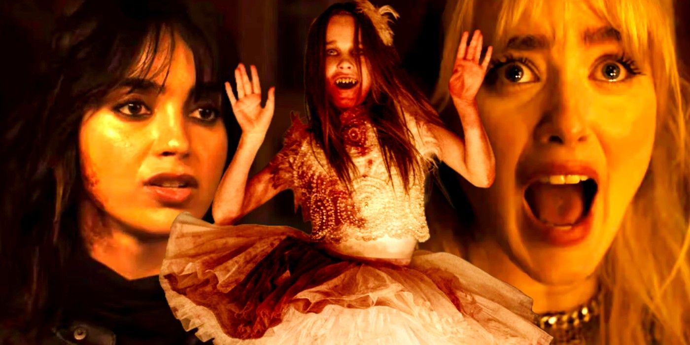 Melissa Barrera and Kathryn Newton looking shocked and Abigail dancing with blood all over her dress