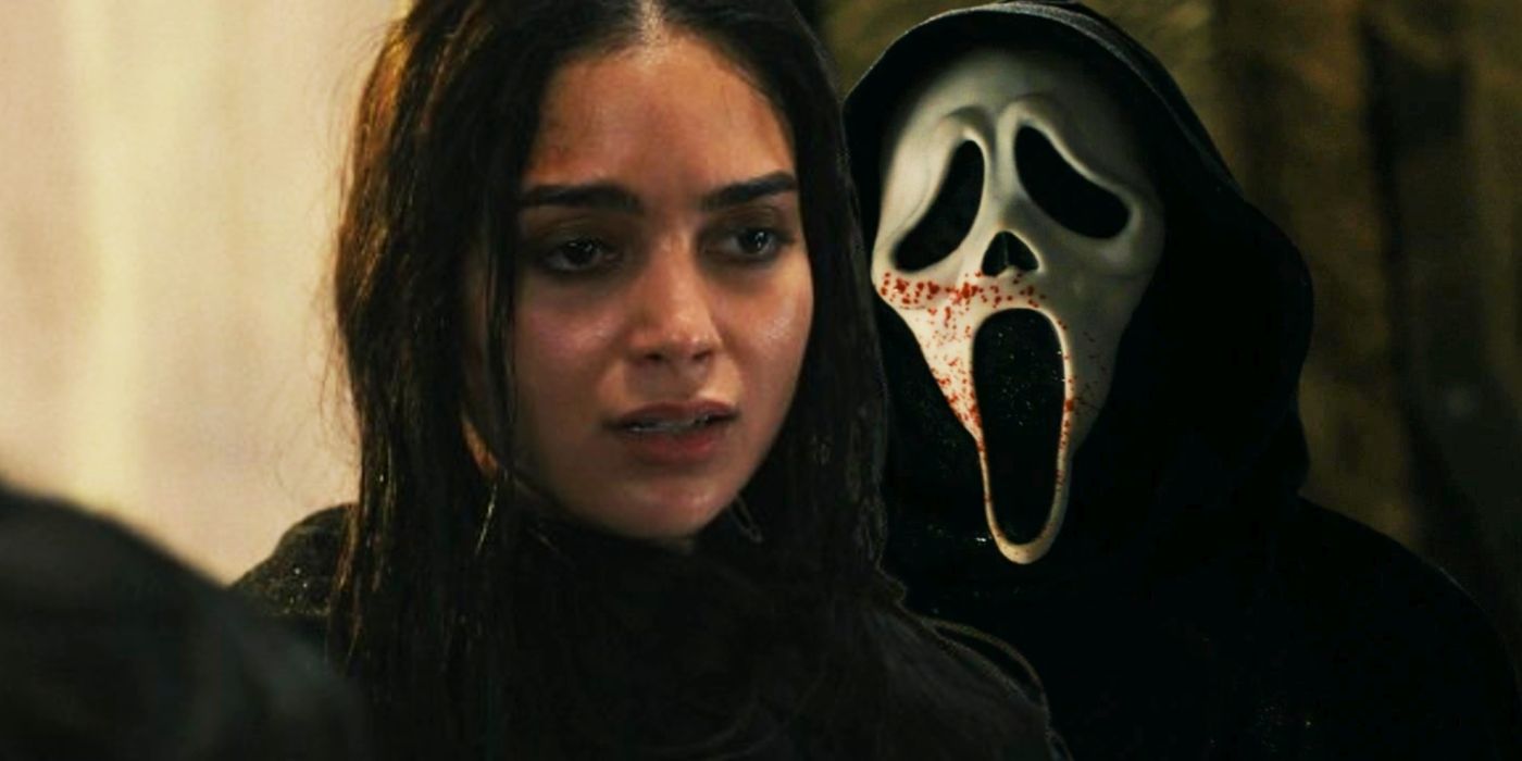 Melissa Barrera as Sam juxtaposed with Ghostface in Scream 6