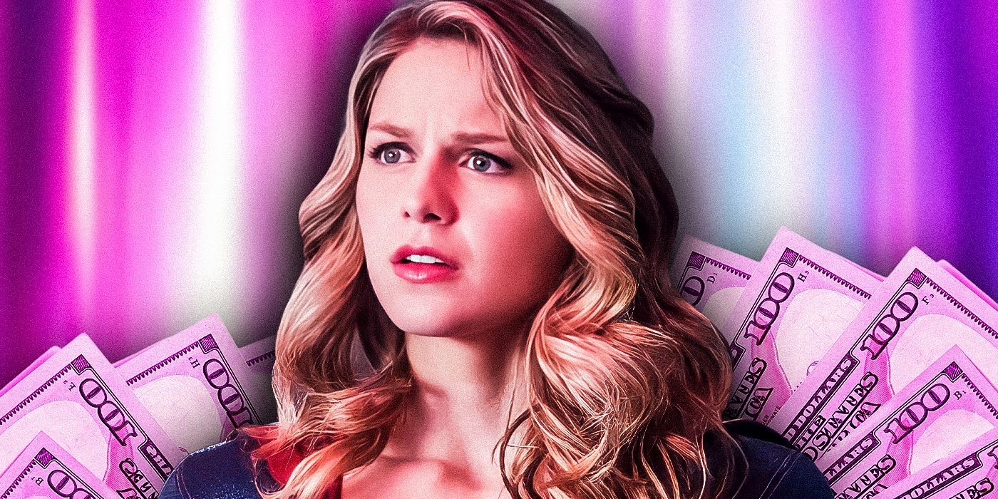 Melissa Benoist as Supergirl surrounded by dollar bills