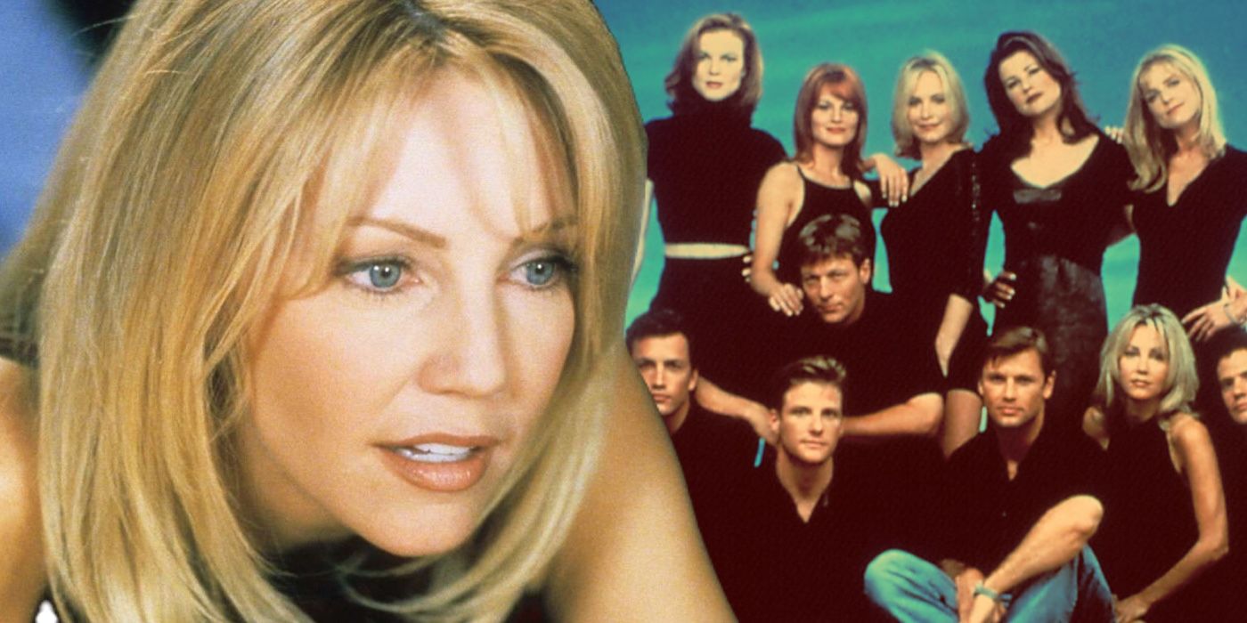 A composite image of the cast of Melrose Place with an image of Heather Locklear looking on