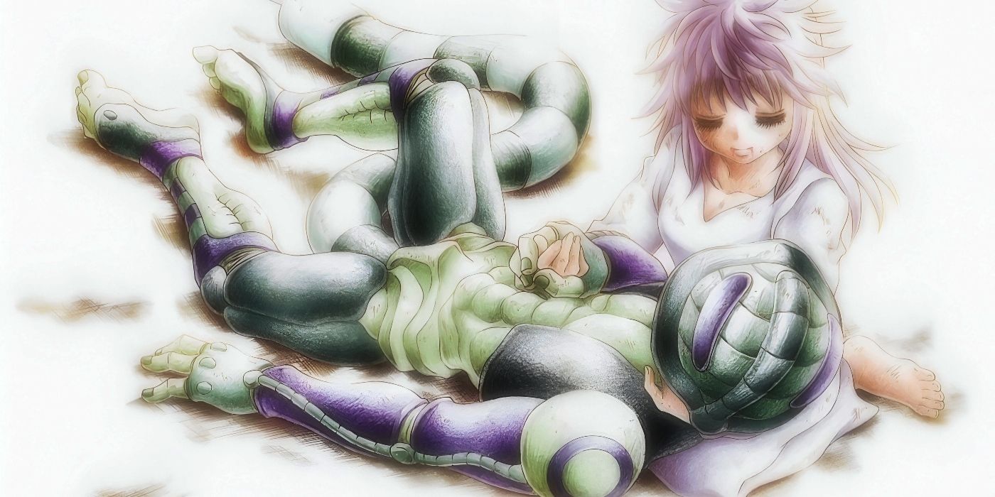 Komugi holds Meruem as the two hold hands and spend their last moments together after succumbing to the effects of the poison in Hunter x Hunter.