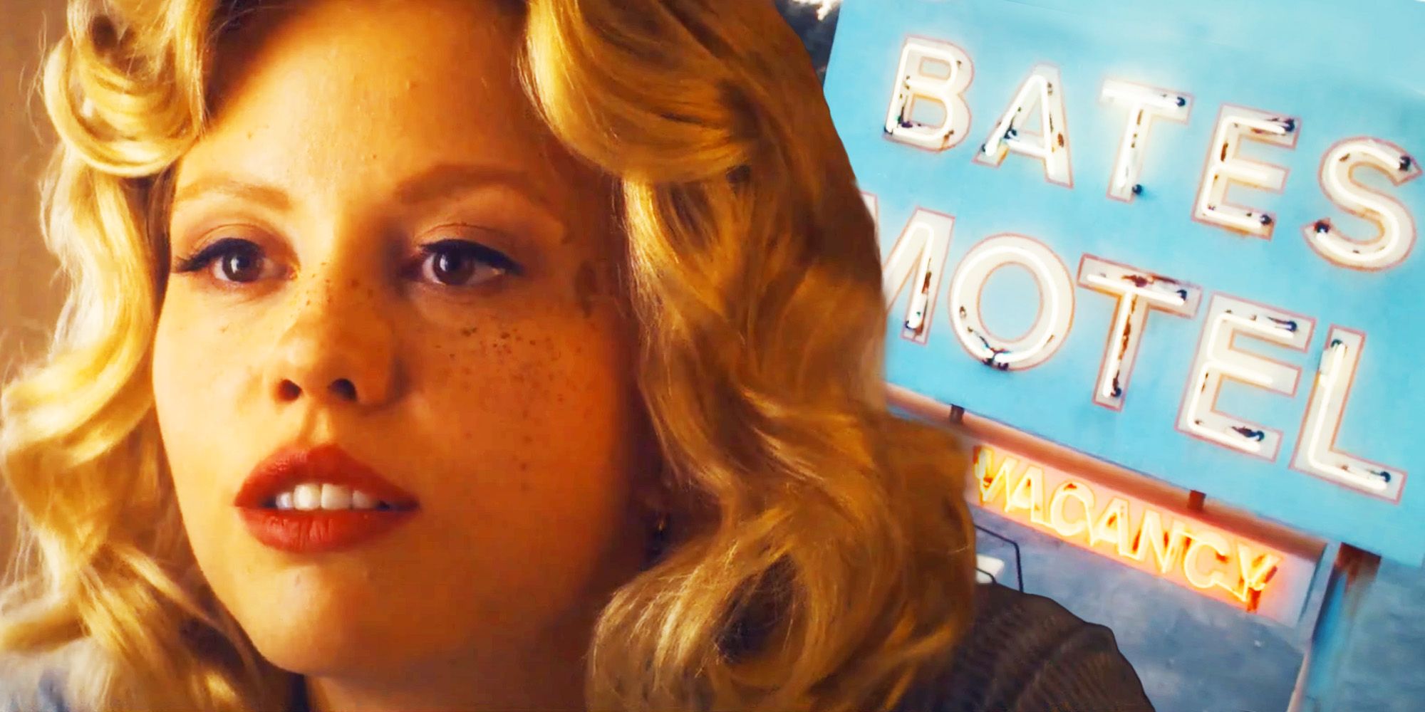 Mia Goth in Maxxxine and the Bates Motel sign