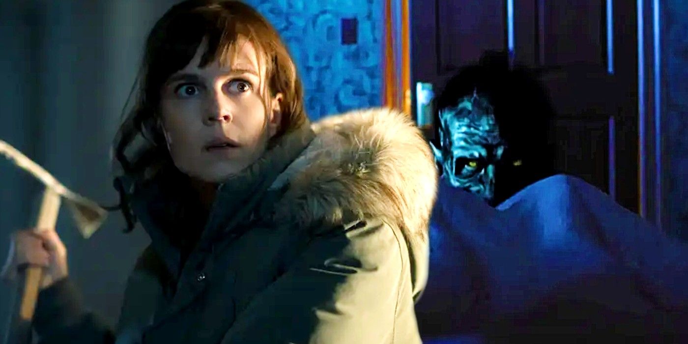 Katja Herbers as Dr. Kristen Bouchard holding an ax while George peers behind a sheet in Evil