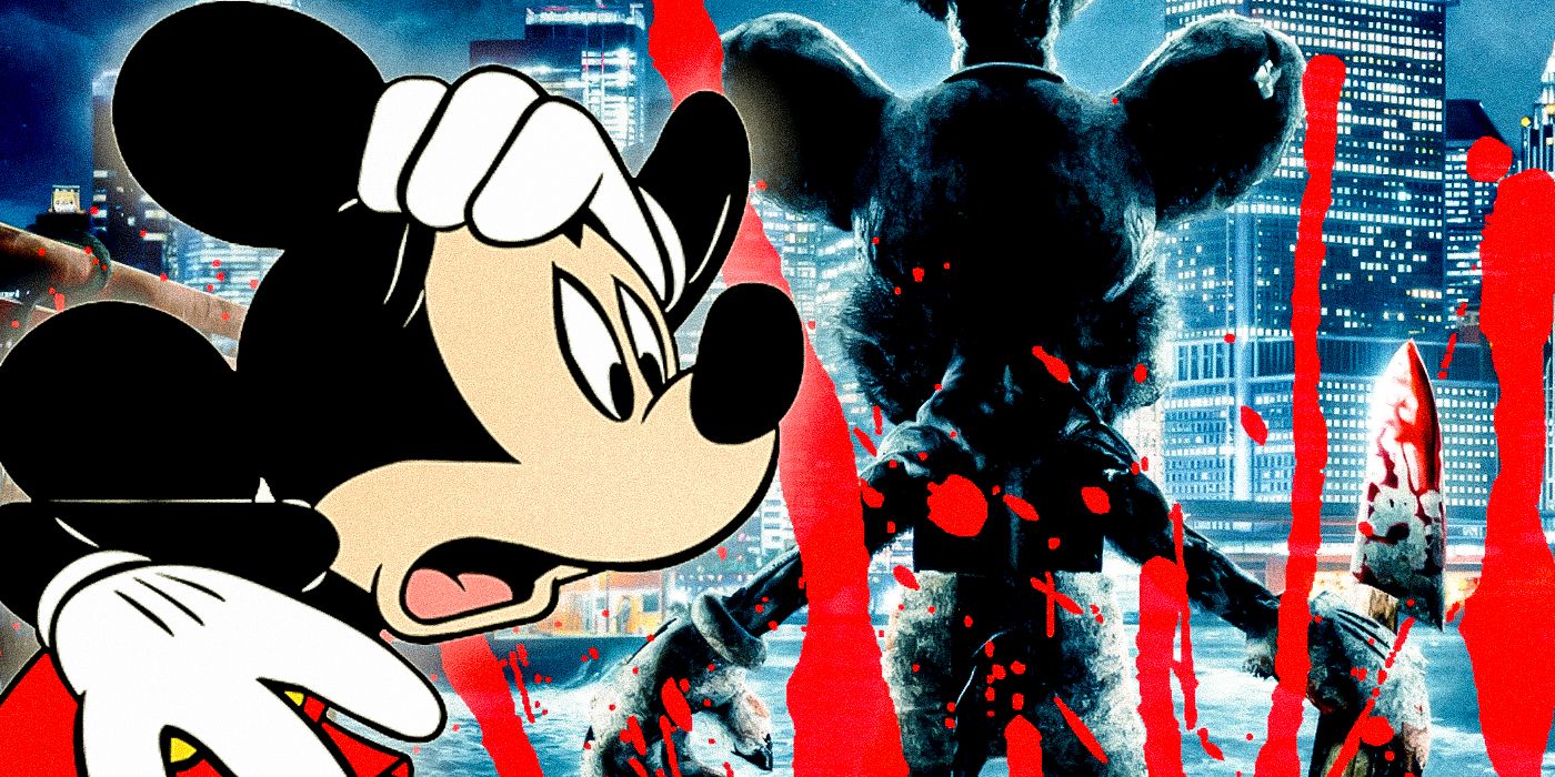 Mickey Mouse looking scared next to the poster for Screamboat 2025