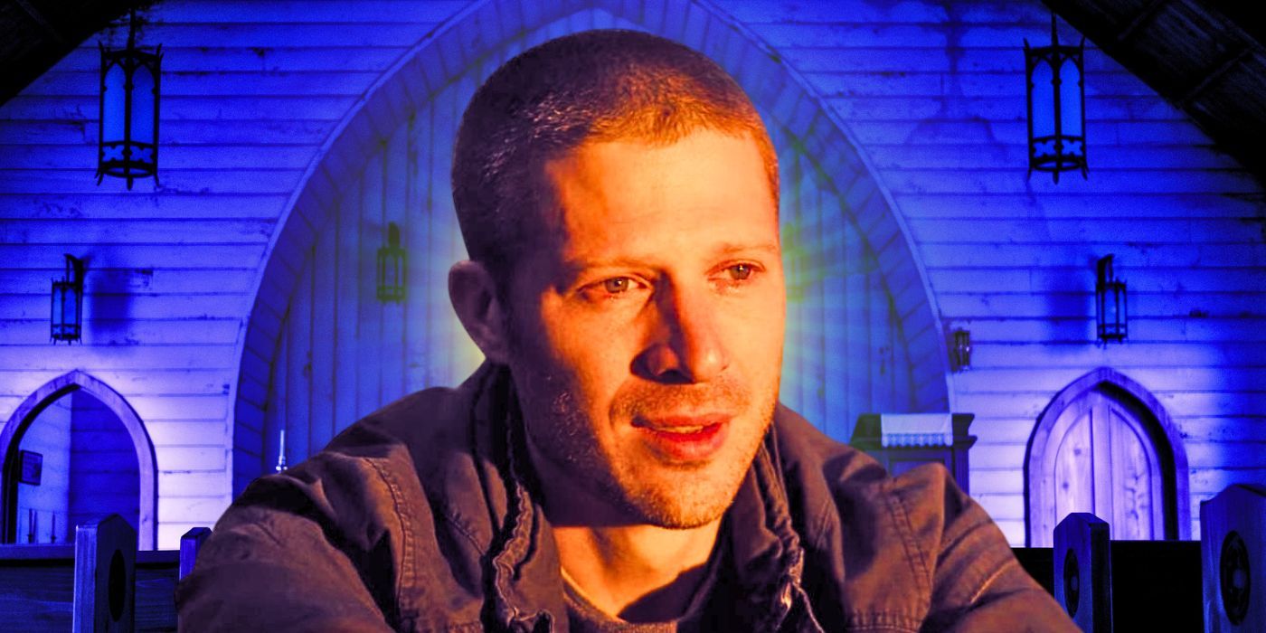 Zach Gilford as Riley Flynn in Midnight Mass with a church as the background