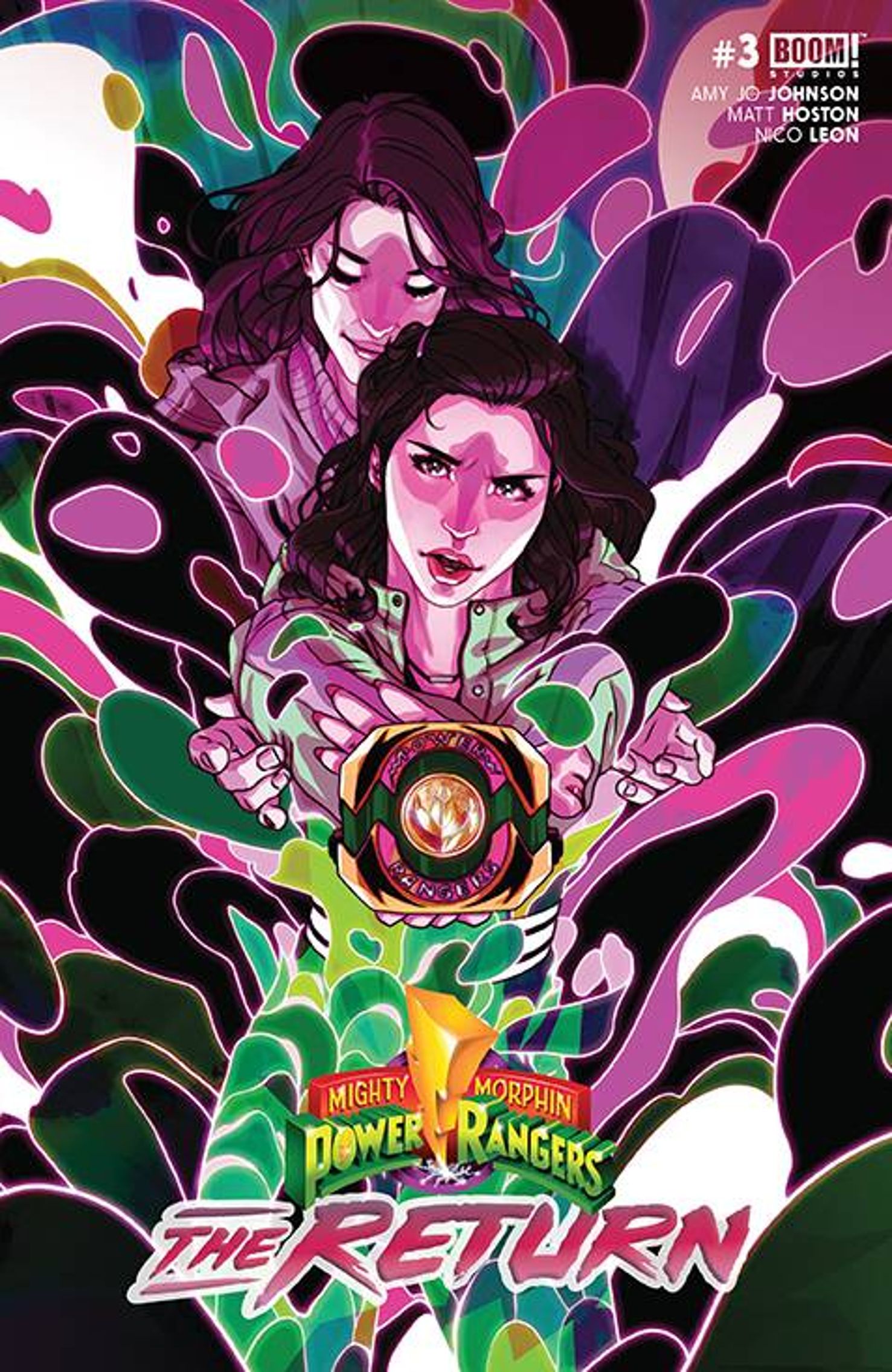 Capa em quadrinhos de Mighty Morphin Power Rangers The Return #3, apresentando uma pintura em estilo psicodélico da transformação de Olivia Hart.