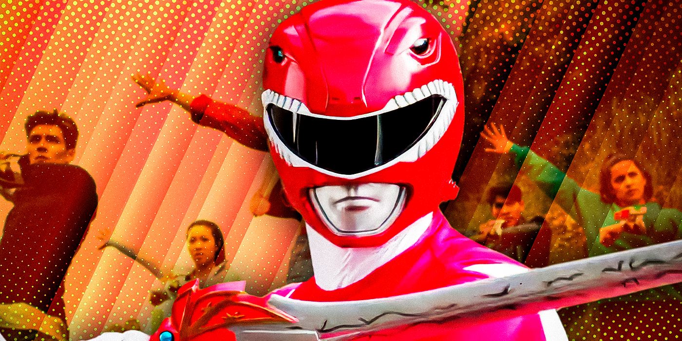 The Mighty Morphin Red Ranger in front of the Cosmic Fury Power Rangers