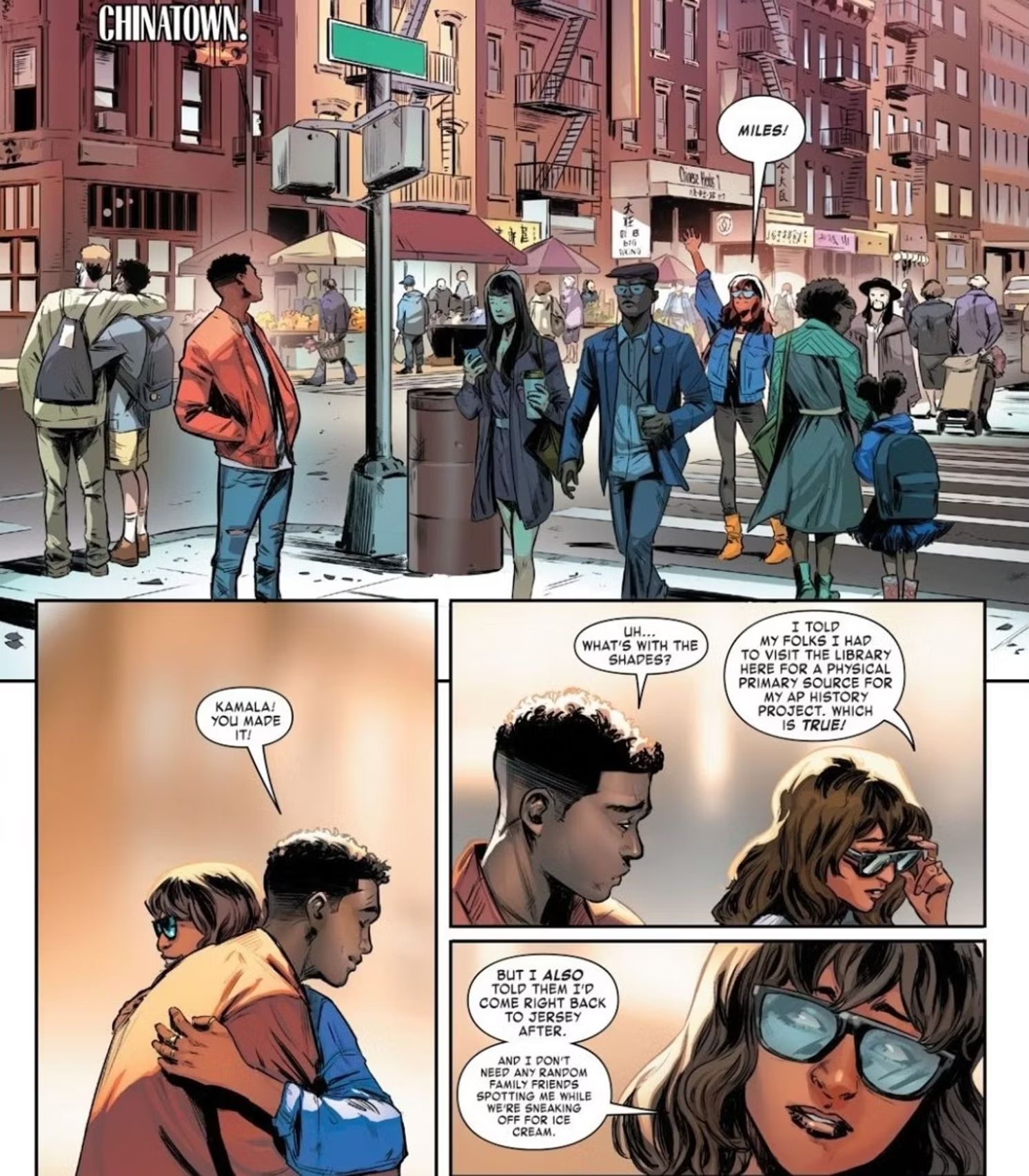 Miles Morales and Kamala Khan meet up in the city to hang out