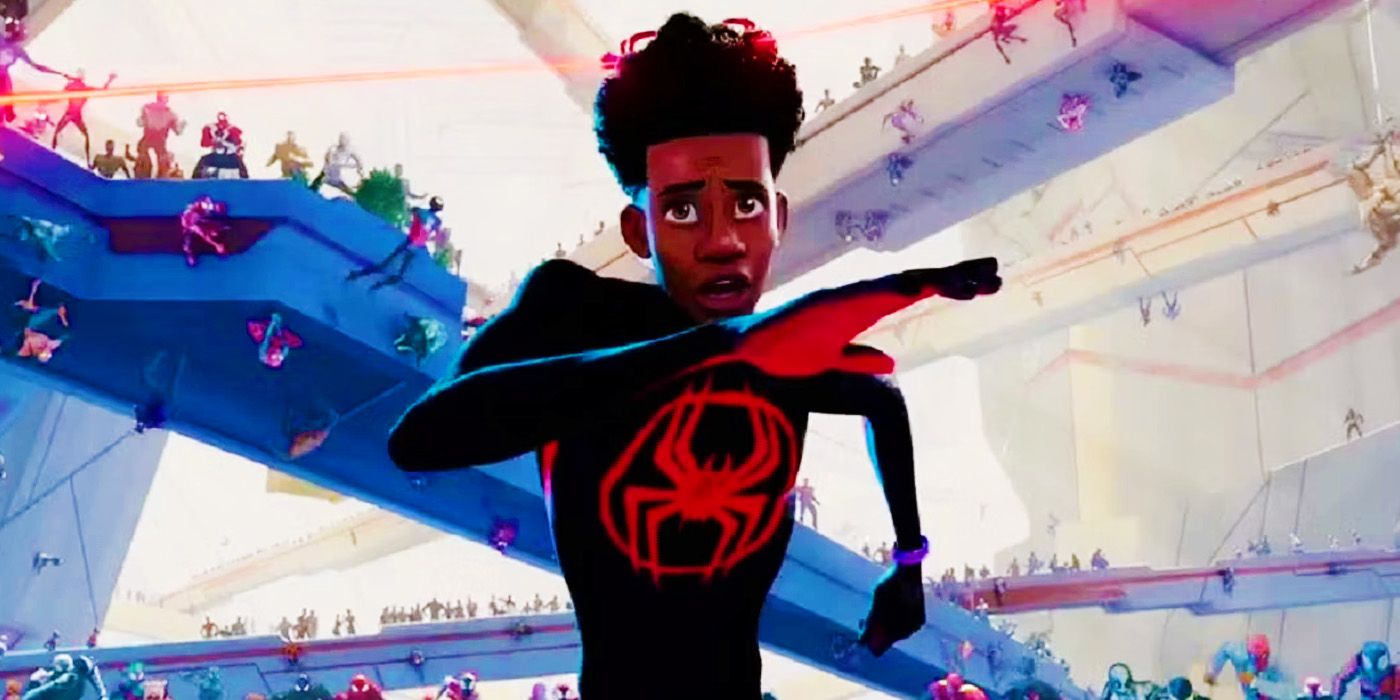 Miles Morales running from the Spider Society in Spider-Man Across the Spider-Verse
