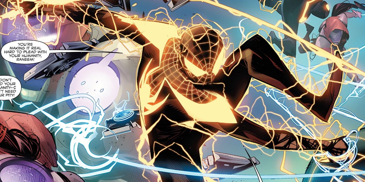 Miles Morales wearing an upgraded Venom Blast costume while he swings around the battlefield