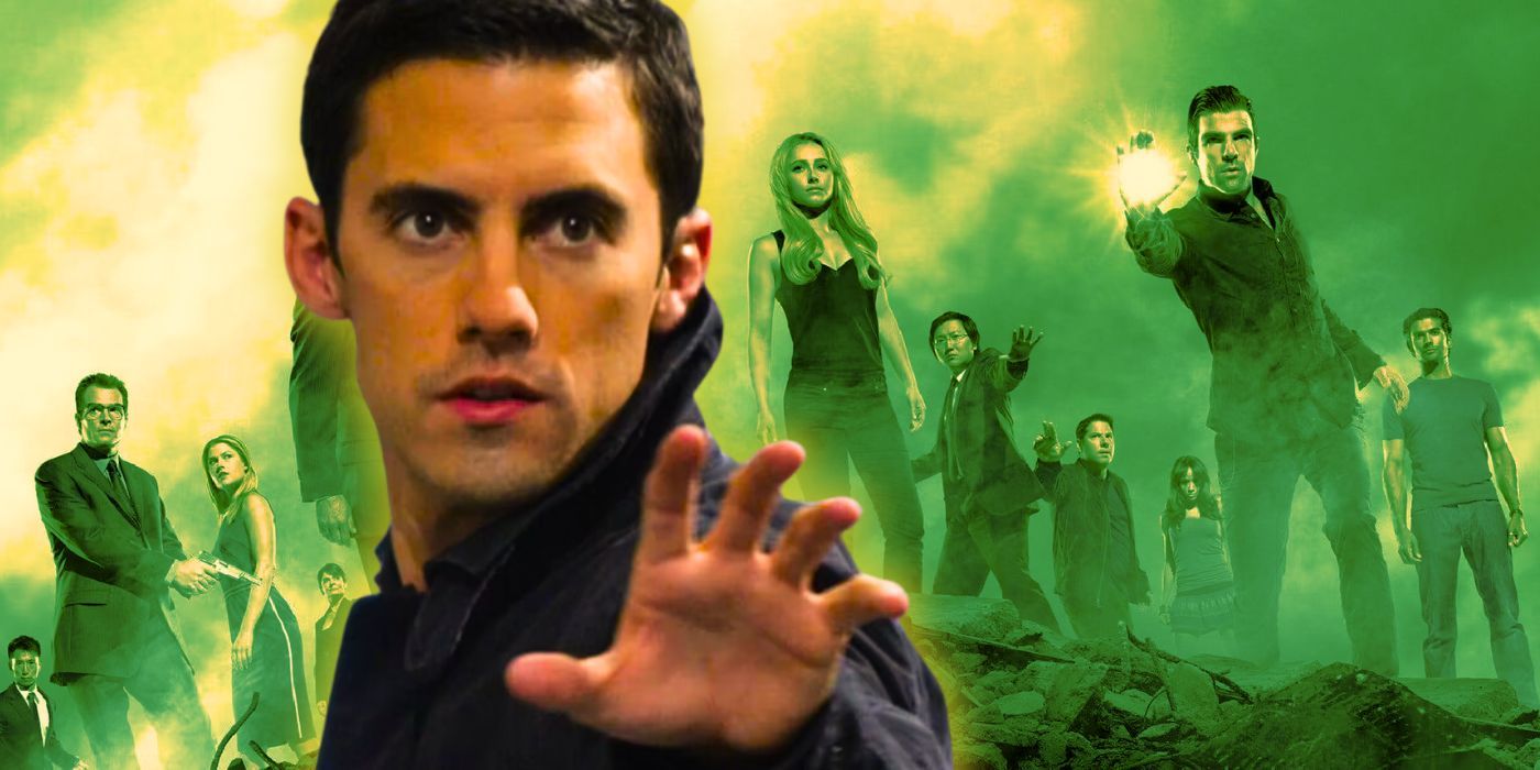 Milo Ventimiglia raises a hand in Heroes with the cast poster behind him