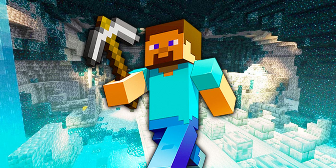 Minecraft Steve marches on with a pickaxe. The background shows an ancient city with a waterfall.