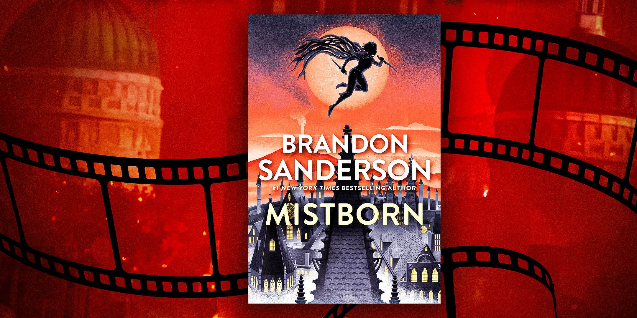 Mistborn book cover with a film reel background
