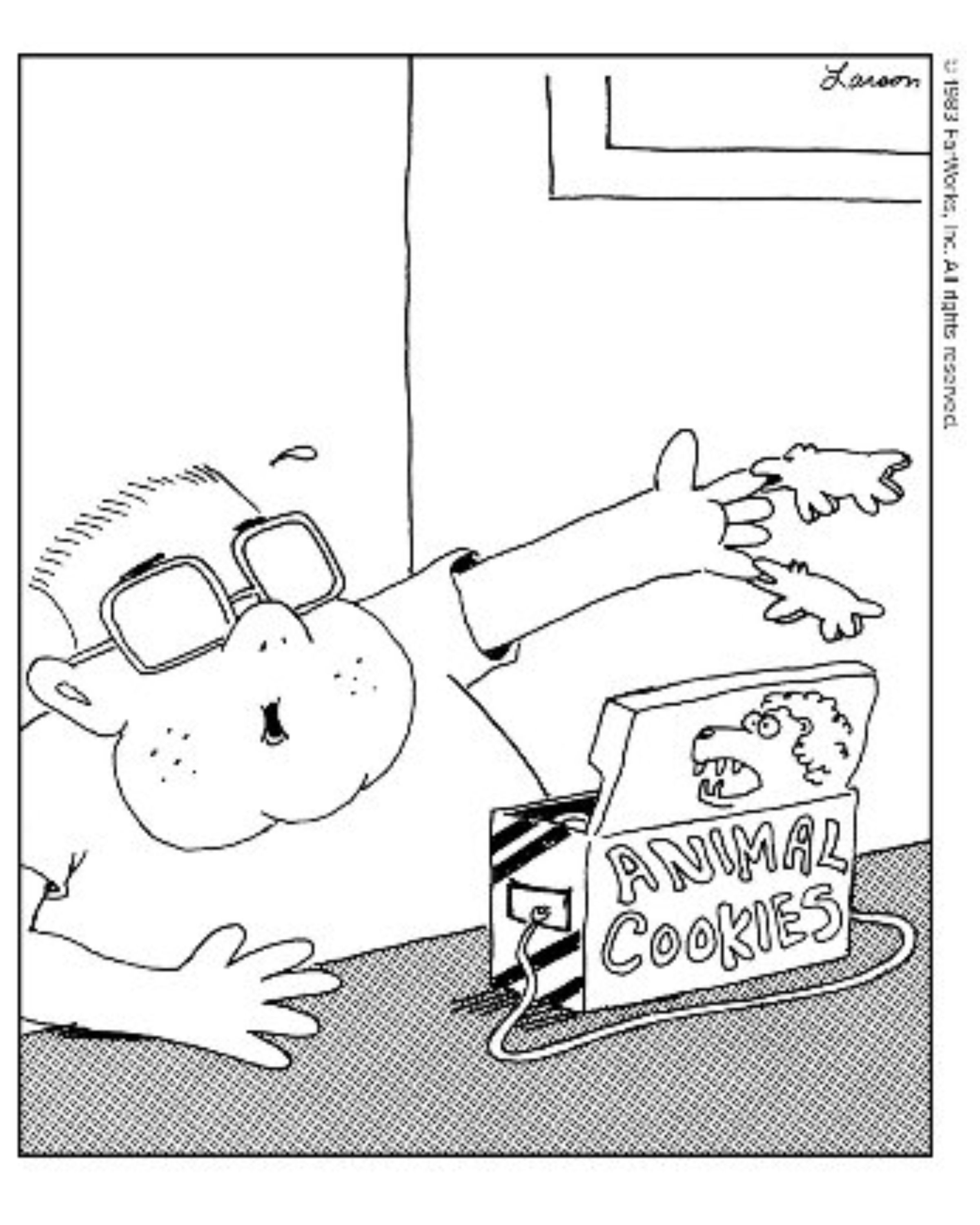 A kid getting bit by animal characters in The Far Side.