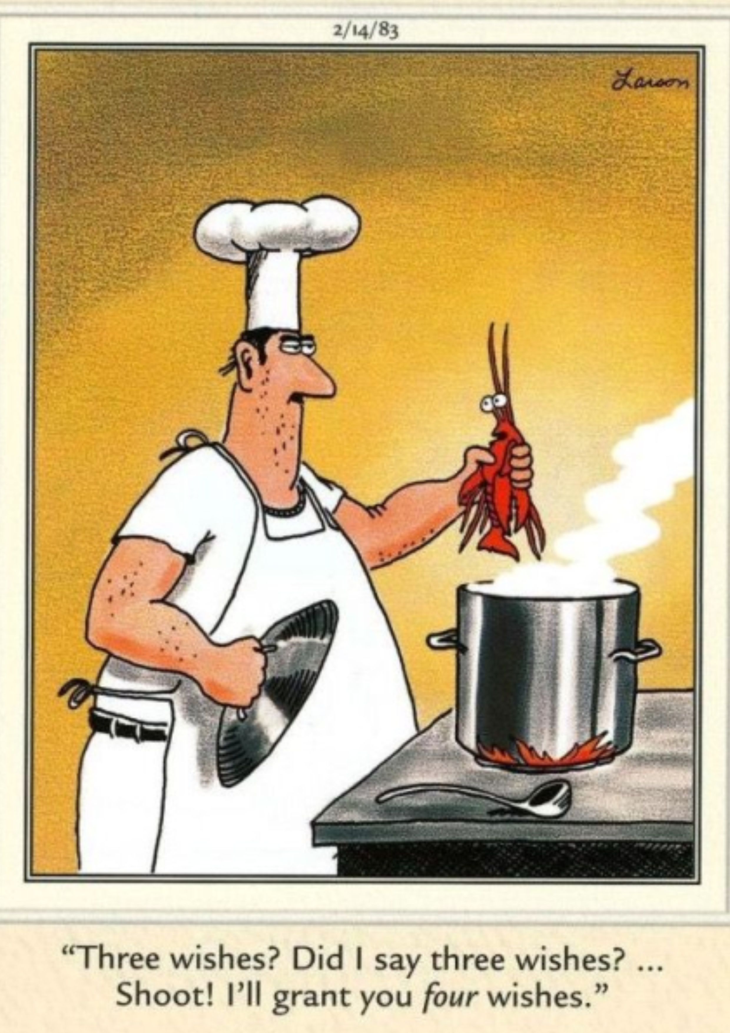 Chef holding lobster over a pot in the Far Side.