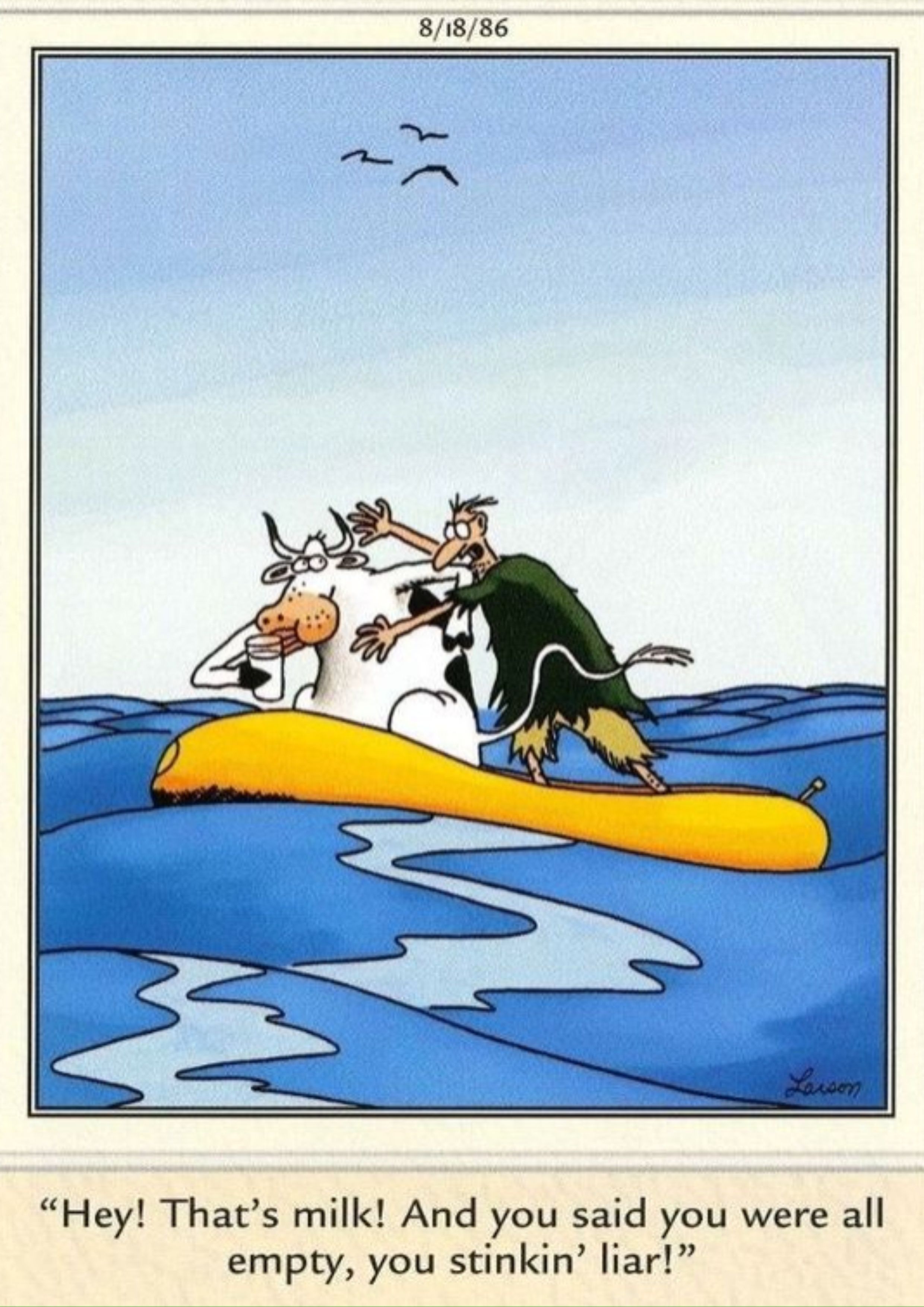 Vaca e homem brigando em uma jangada encalhada no mar em Far Side.