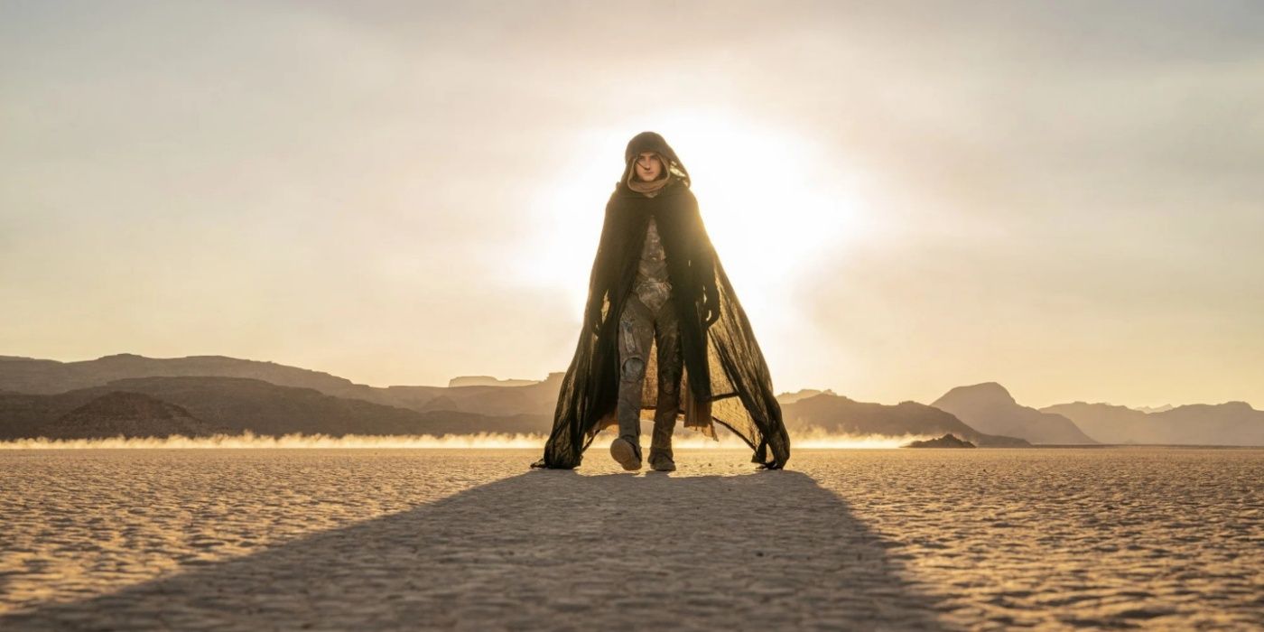 Paul Atreides walking with the sun in the background on planet Arrakis in Dune Part Two