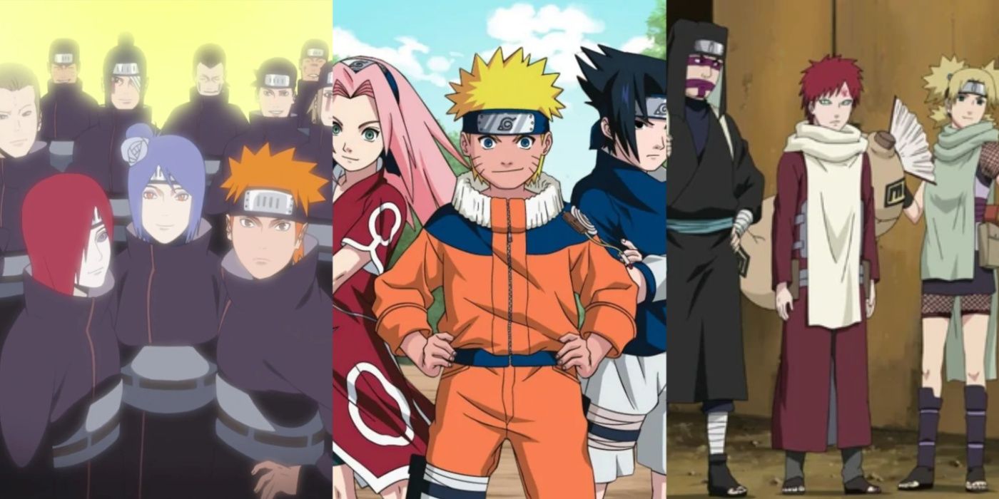 A three-image collage from Naruto. On the left, Nagato, Konan, and Yahiko smile in front of the original Akatsuki. In the middle, Naruto Uzumaki, Sakura Haruno, and Sasuke Uchiha pose side by side as a team. On the right, Kankuro, Gaara, and Temari stand next to each other.