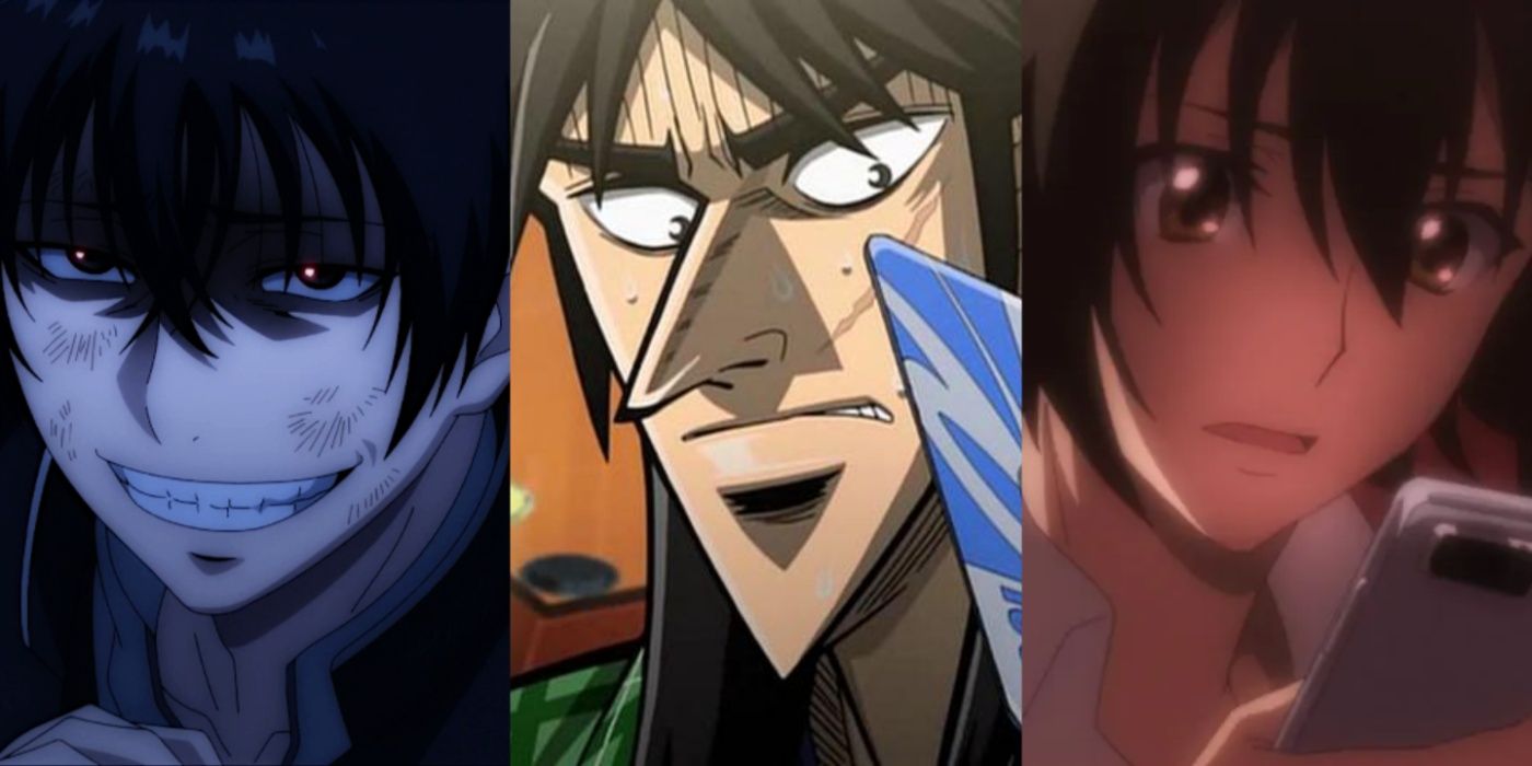A three-image collage. On the left, Yuuichi Katagiri gives an eerie grin in Tomodachi Game. In the middle, Kaiji Itou looks worried as he draws a card in Kaiji: Ultimate Survivor. On the right, Nobuaki Kanazawa worriedly checks his phone in King's Game The Animation.