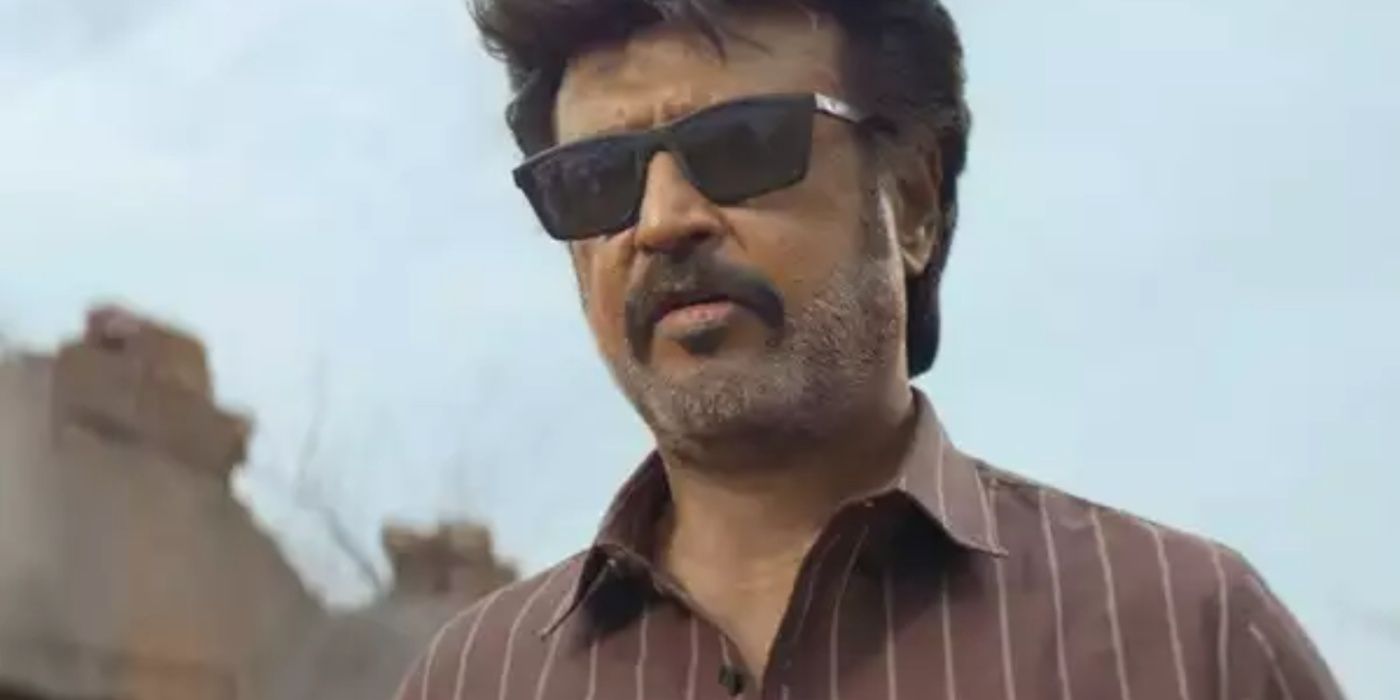 Rajinikanth usando óculos escuros e uma camisa listrada no teaser trailer de Vettaiyan