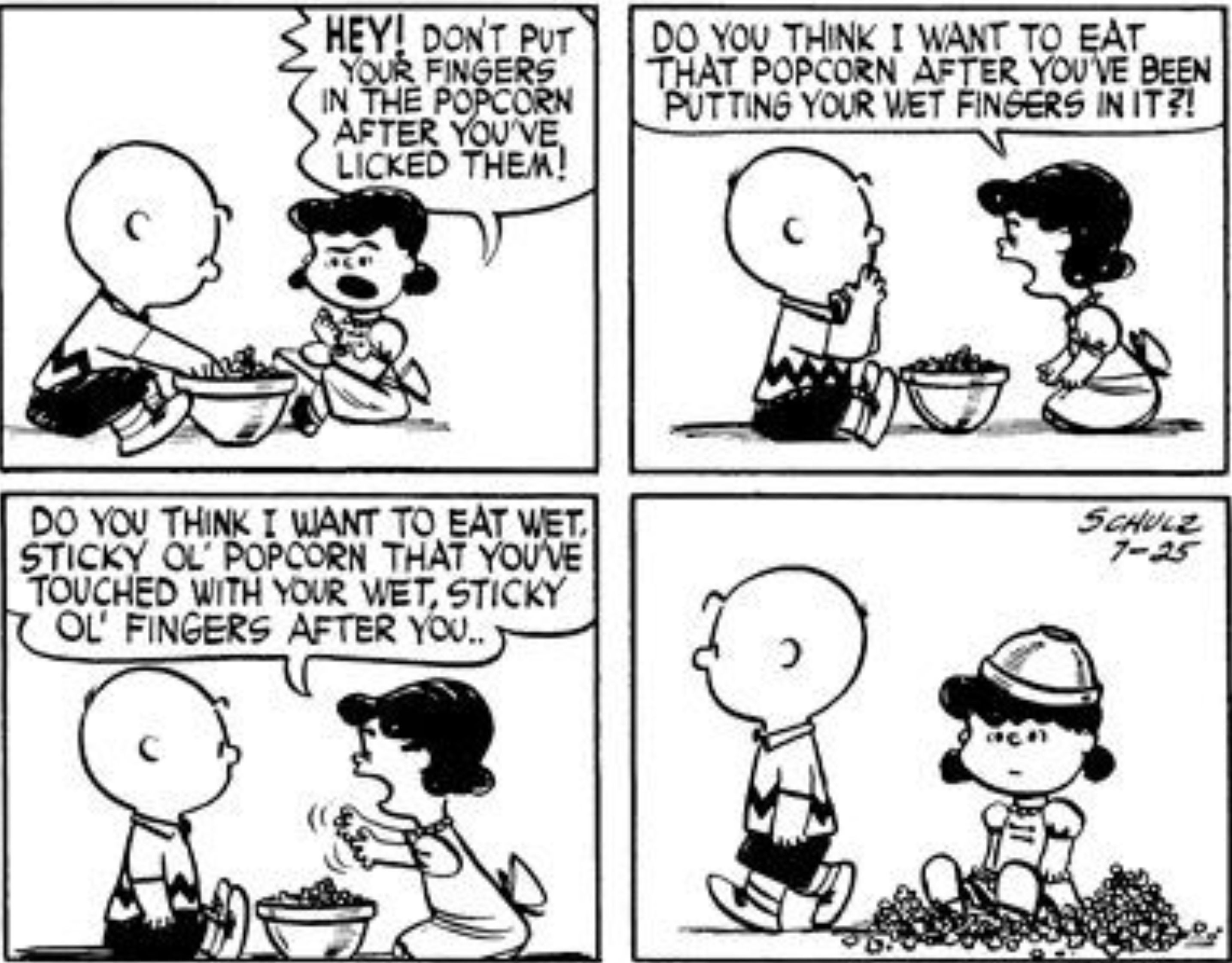 Amendoim, Lucy grita com Charlie Brown então ele joga uma tigela de pipoca na cabeça dela.
