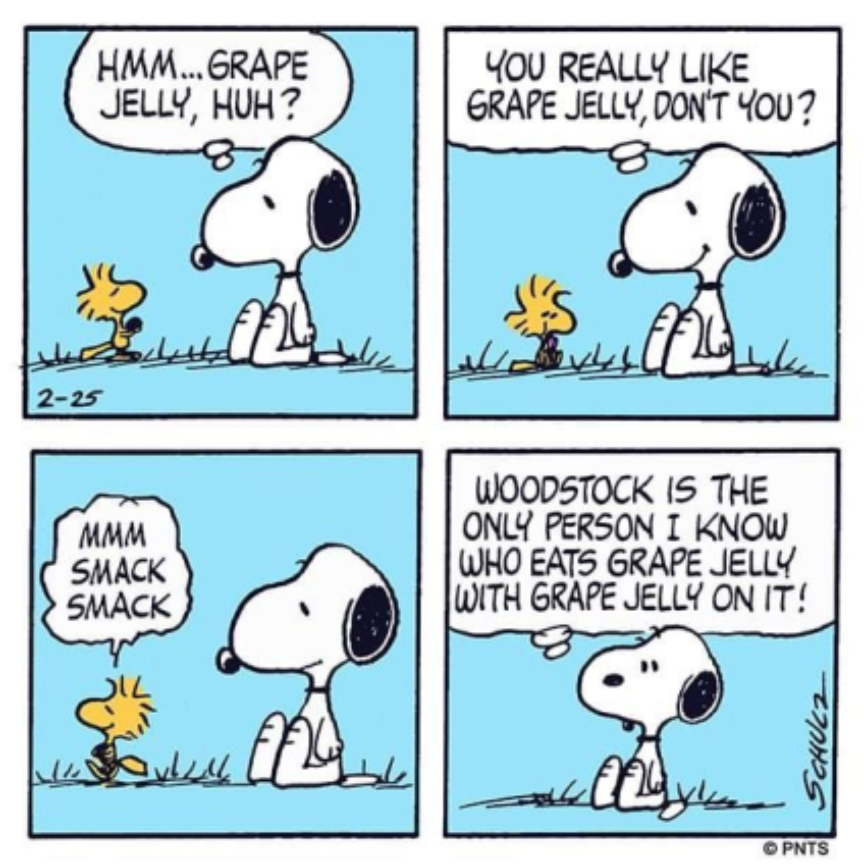 Snoopy e Woodstock discutindo geleia de uva em Peanuts.