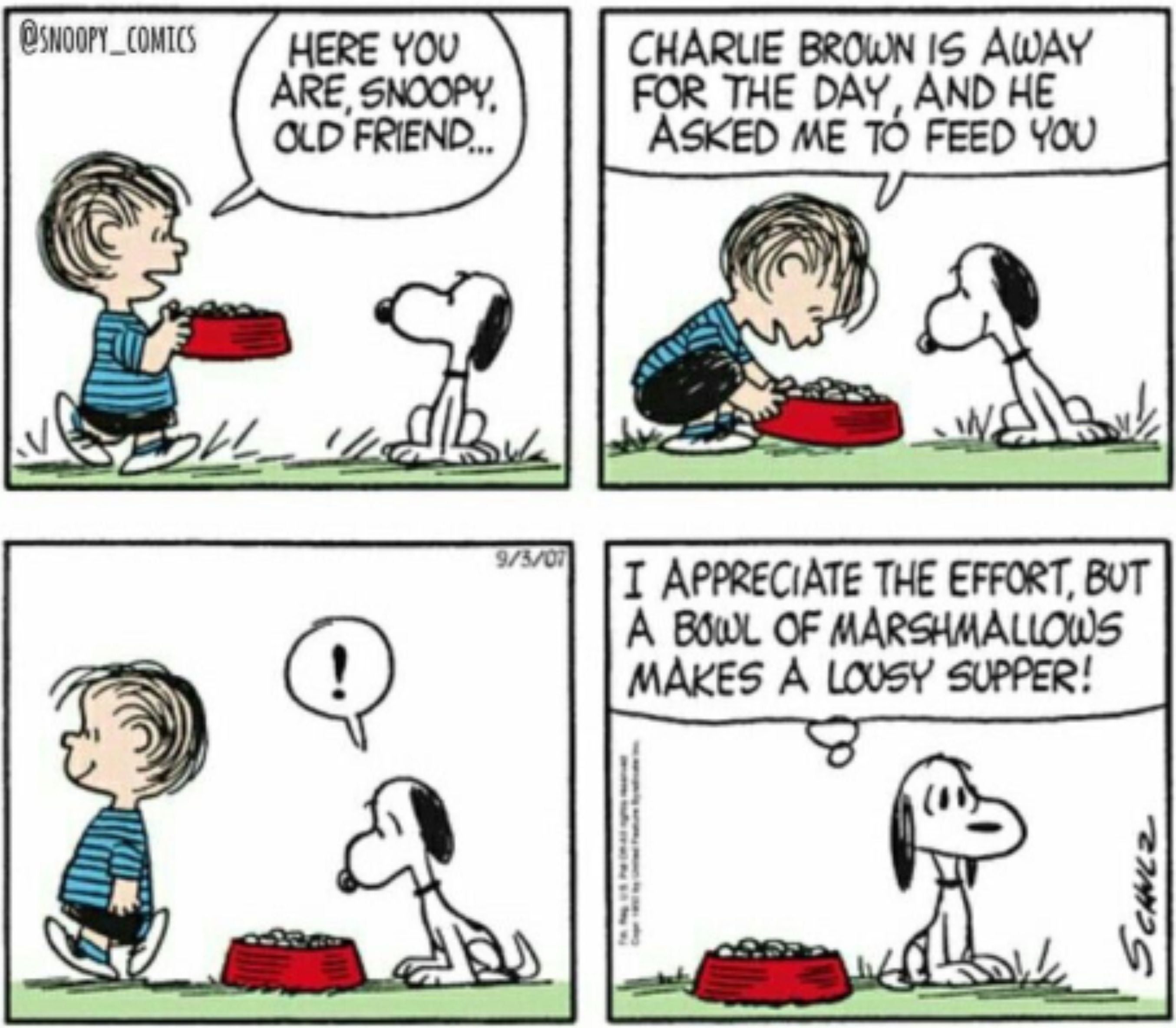 Linus e Snoopy com uma tigela de marshmallows em Peanuts.