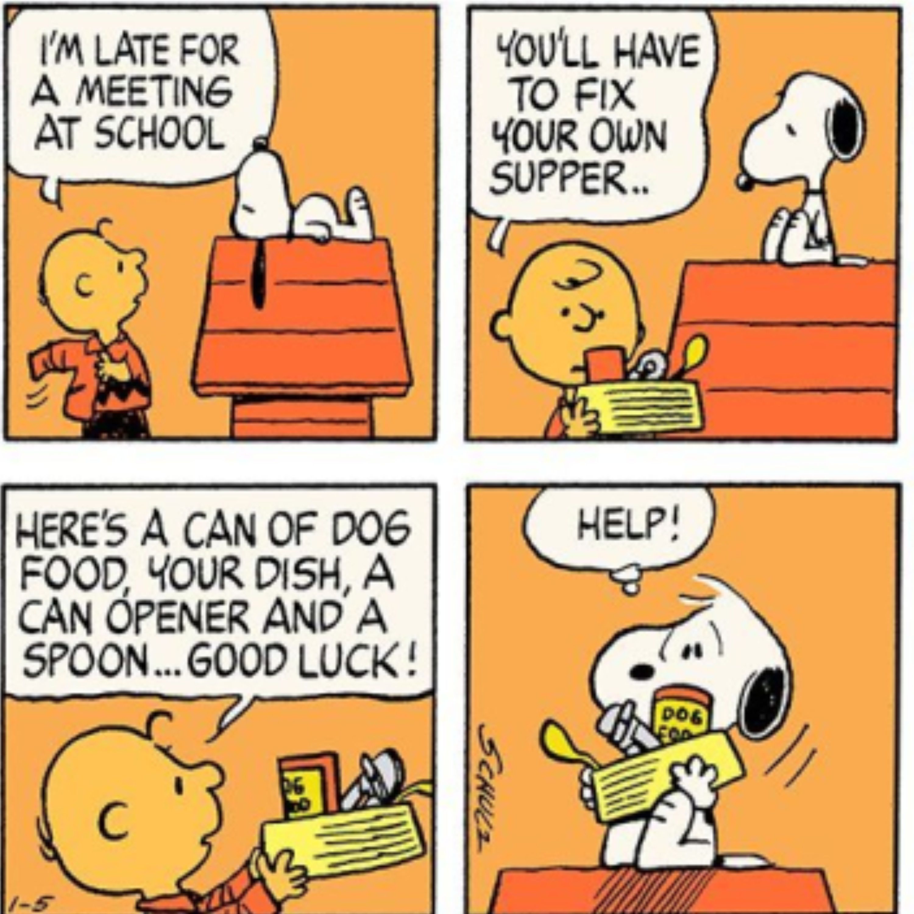 Snoopy e Charlie Borwn com comida de cachorro em Peanuts