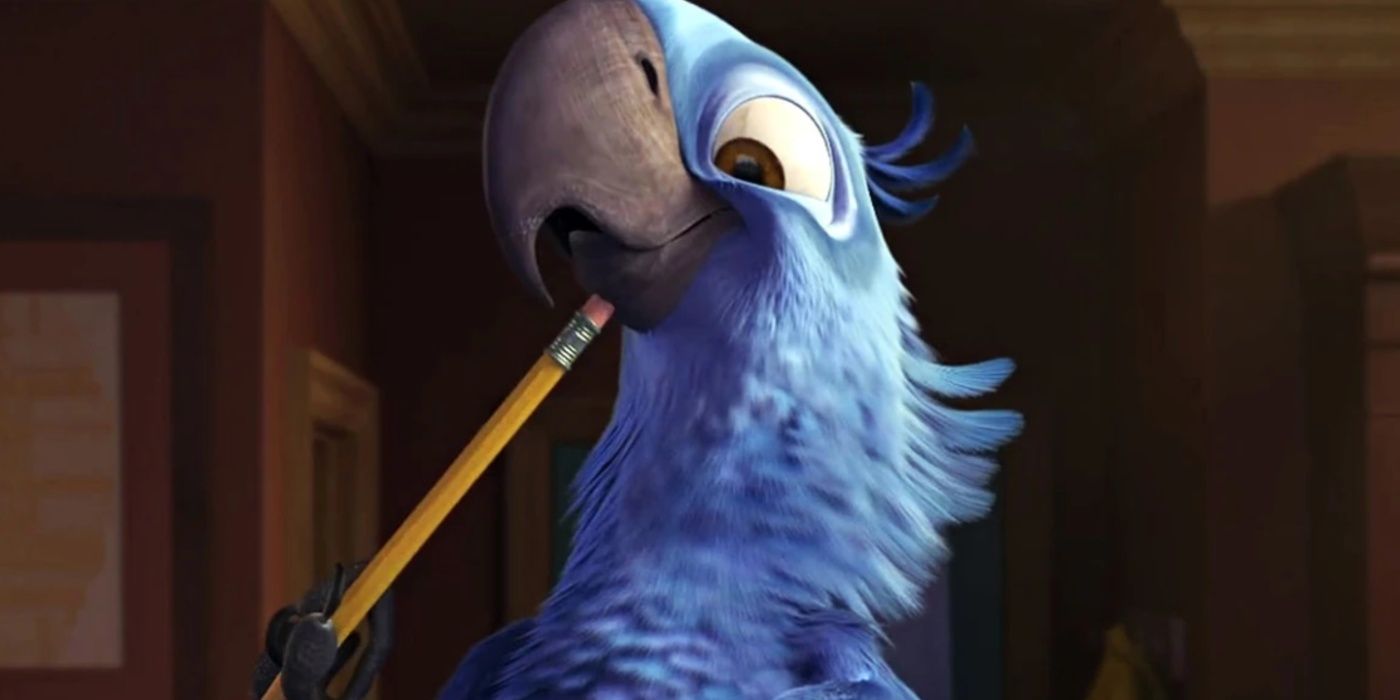 Blu coçando o queixo com um lápis no Rio 2