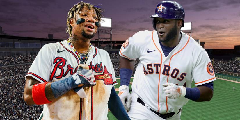 Atlanta Braves’ outfielder, Ronald Acuña Jr. and Houston Astros’ Yordan Alvarez with a baseball field behind them