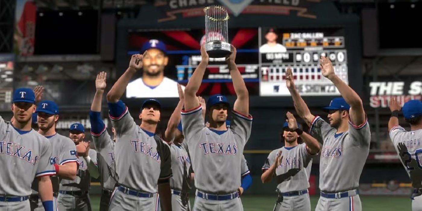 Texas Rangers with the World Series trophy above their heads
