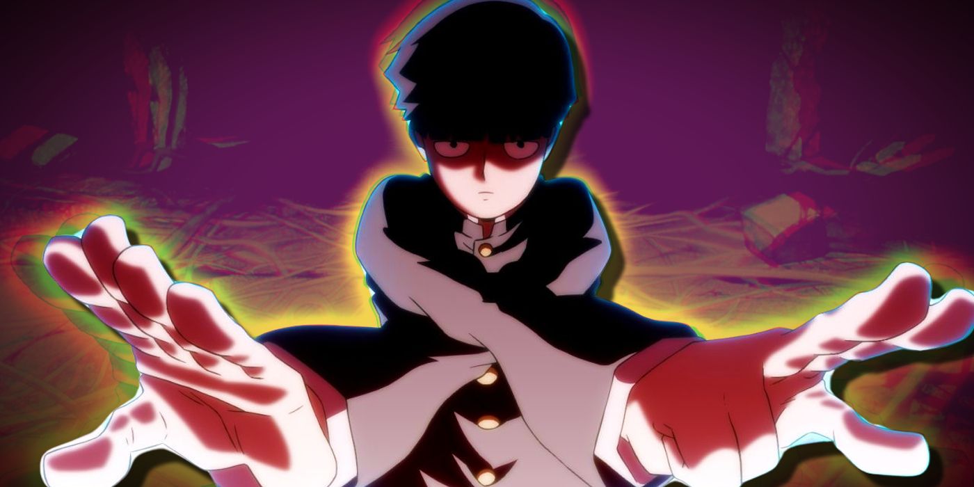 Mob Psycho 100's Mob using his psychic powers in front of a multi colored background.