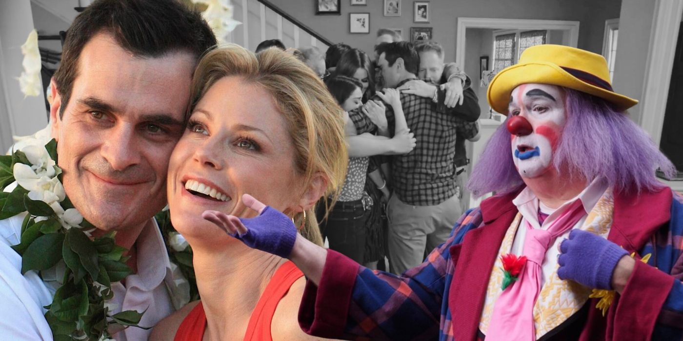 A composite image features Phil and Claire getting married in Hawaii next to Cam as a clown in Paris over an image of the whole family hugging in the Modern Family finale