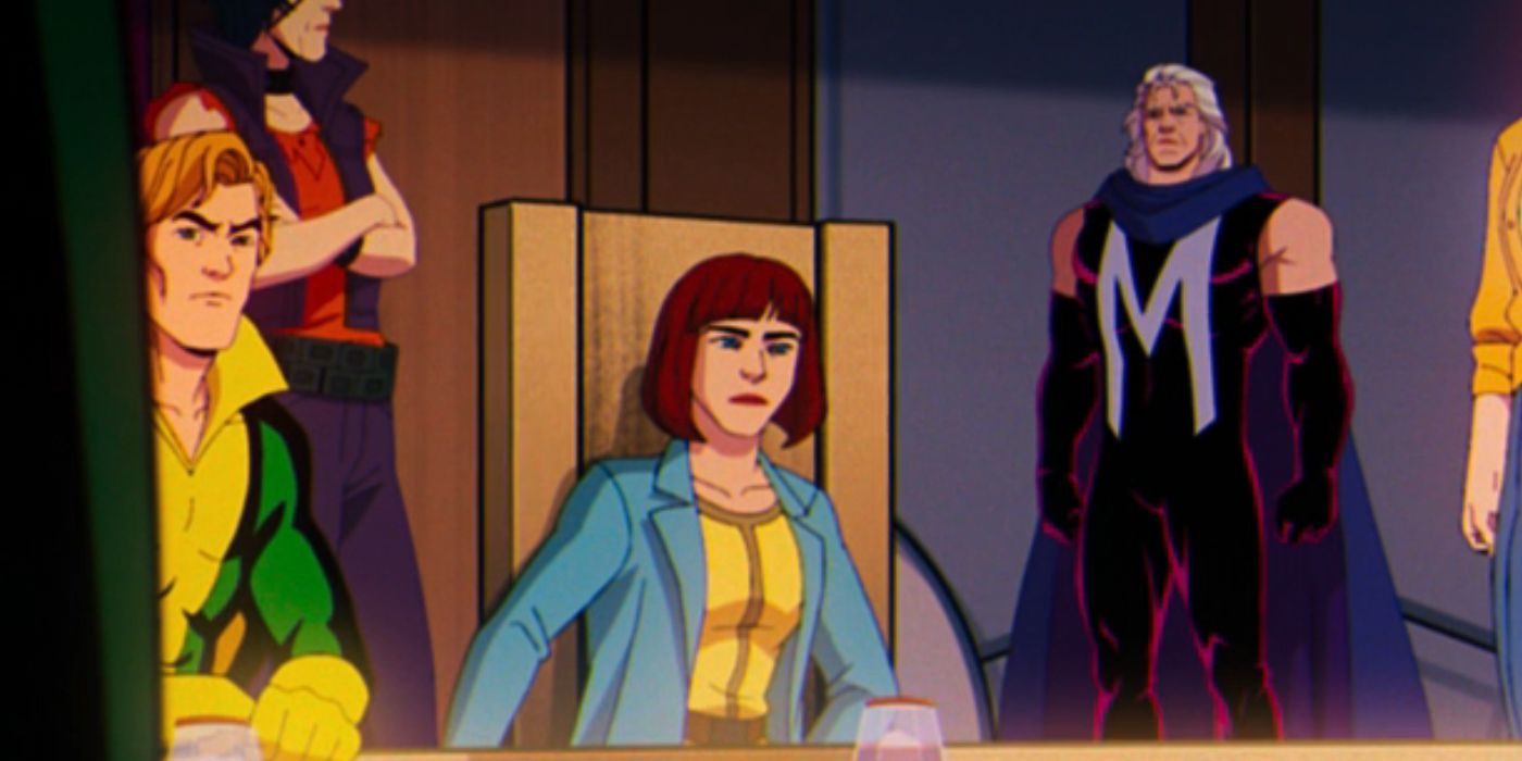 Moira MacTaggert looks serious sat at a table in X-Men '97