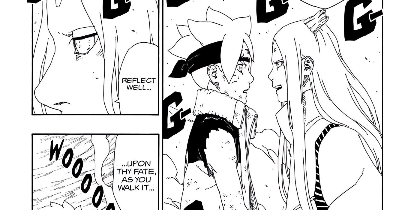 Momoshiki teases Boruto for having defeated him in the manga