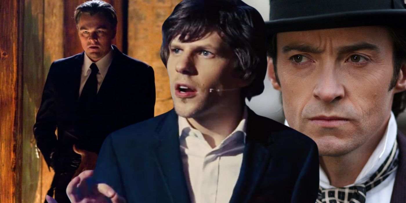 A collage image featuring Leonardo DiCaprio in Inception, Jesse Eisenberg in Now You See Me, and Hugh Jackman in The Prestige - created by Tom Russell