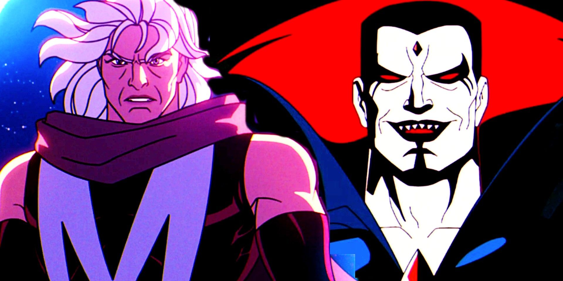 A split image of Magneto and Mr. Sinister from X-Men '97
