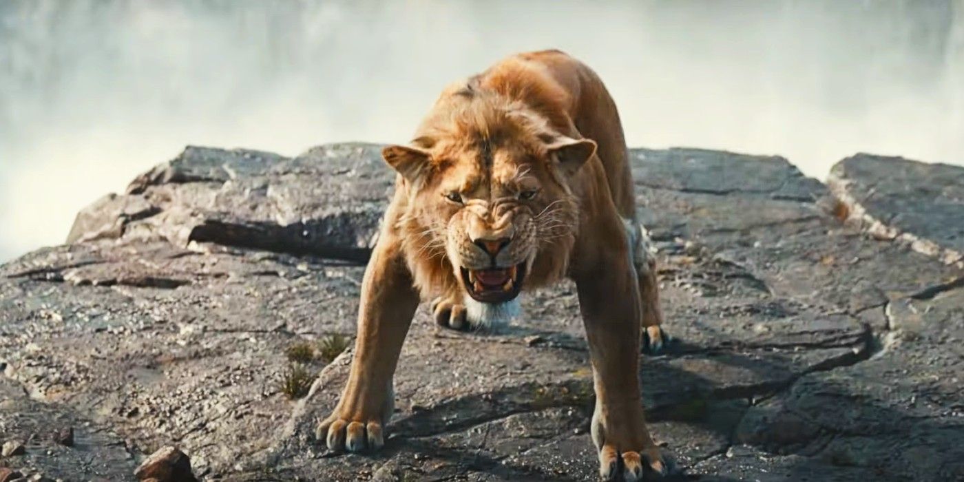 Mufasa growls standing in front of a waterfall in the Lion King live-action Prequel Mufasa