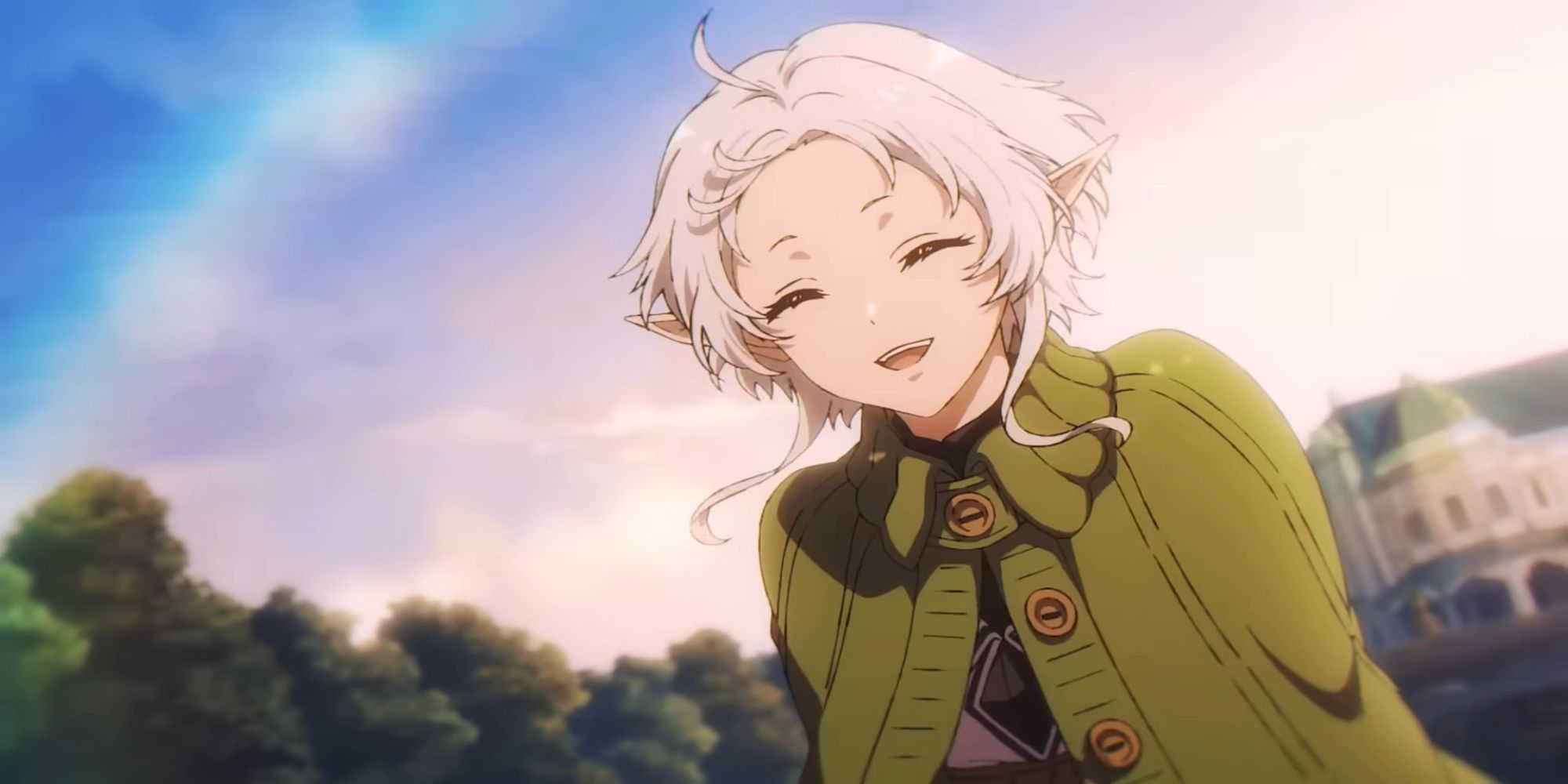 Captura de tela da 2ª temporada de Mushoku Tensei, parte 2, de Sylphie com cabelos brancos sorrindo.