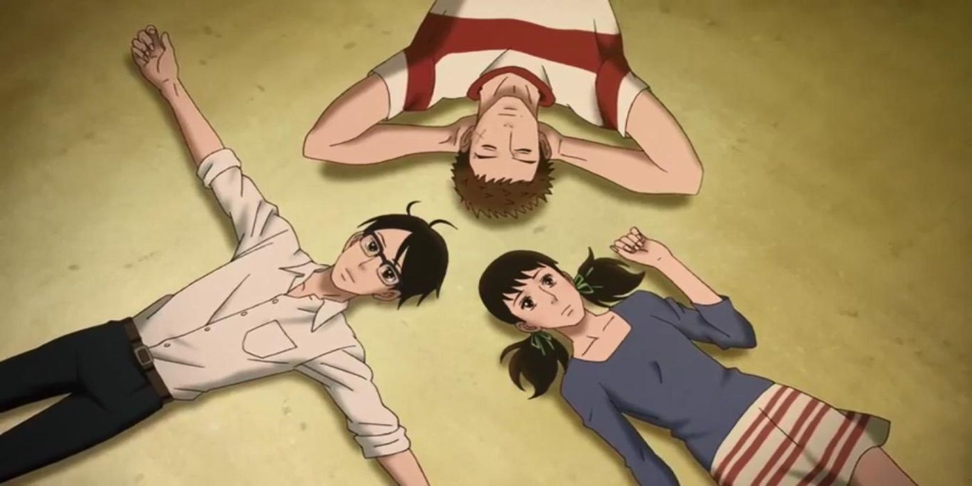 The cast of Kids on the Slope laying down and looking up with wistful expressions.