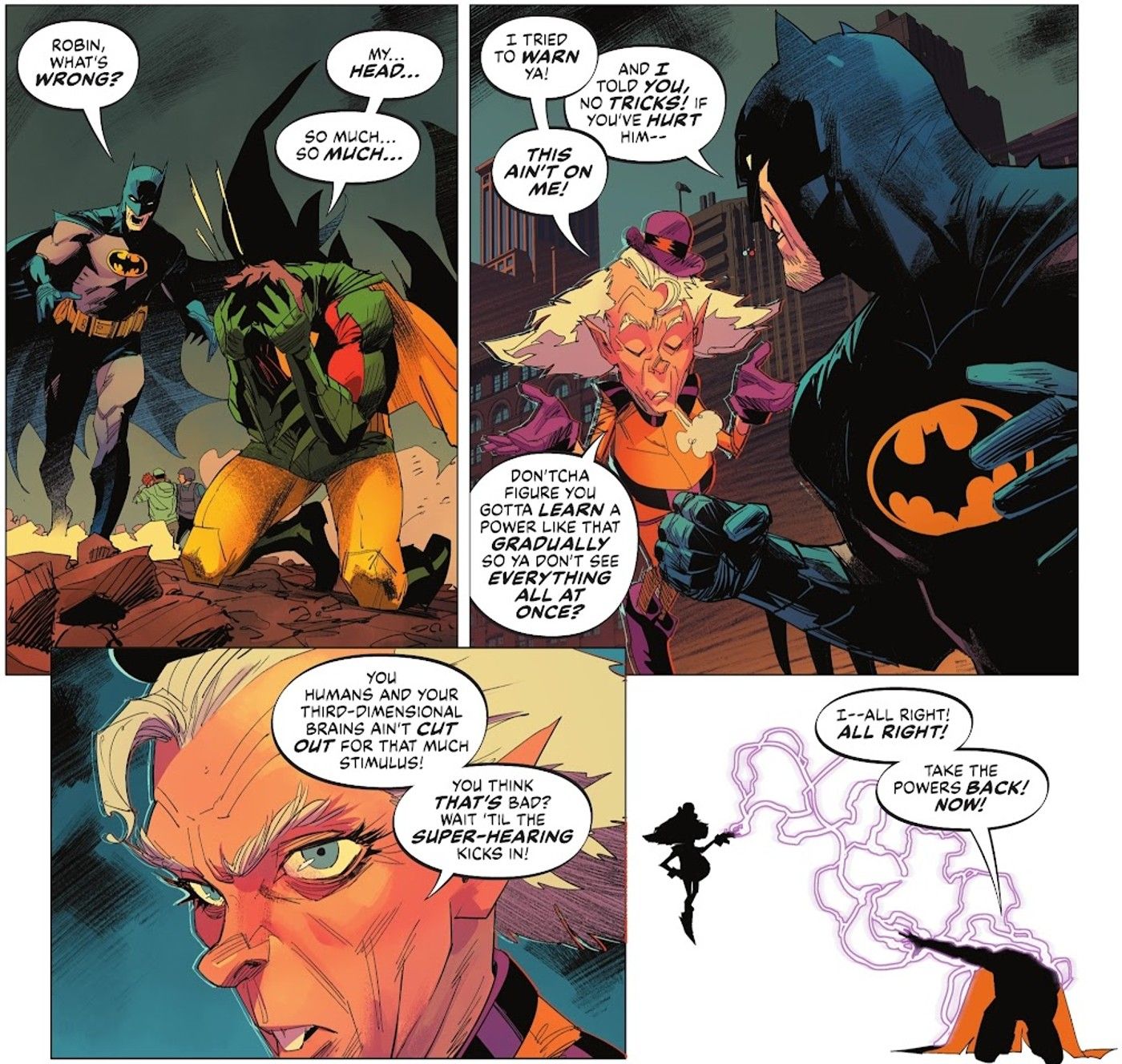 Painéis de quadrinhos: Robin luta com os poderes do Superman e Mxyzptlk explica o porquê.