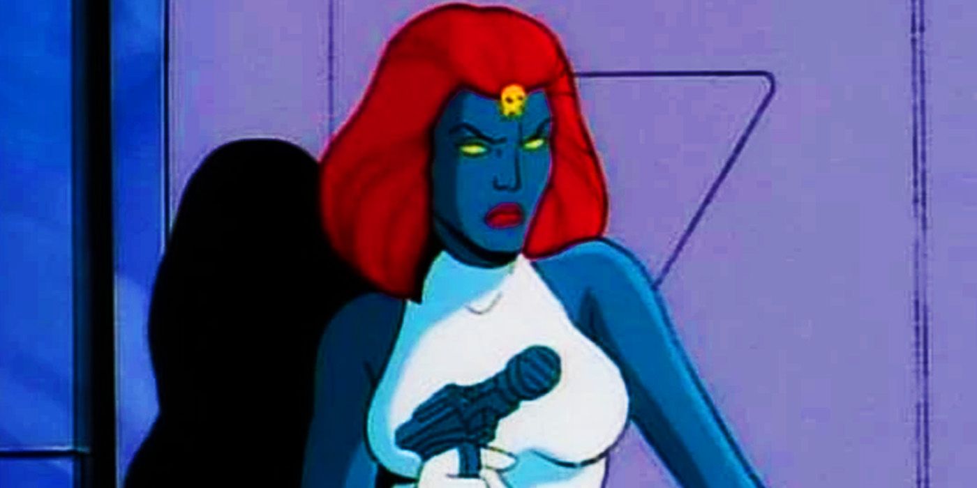 Mystique with a gun looking angry in X-Men The Animated Series