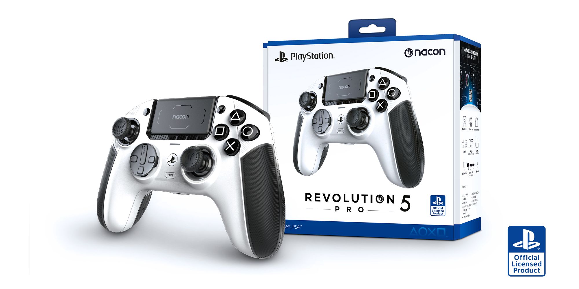 The Nacon Revolution 5 Pro Controller, its box and an official PlayStation Licensed Product badge