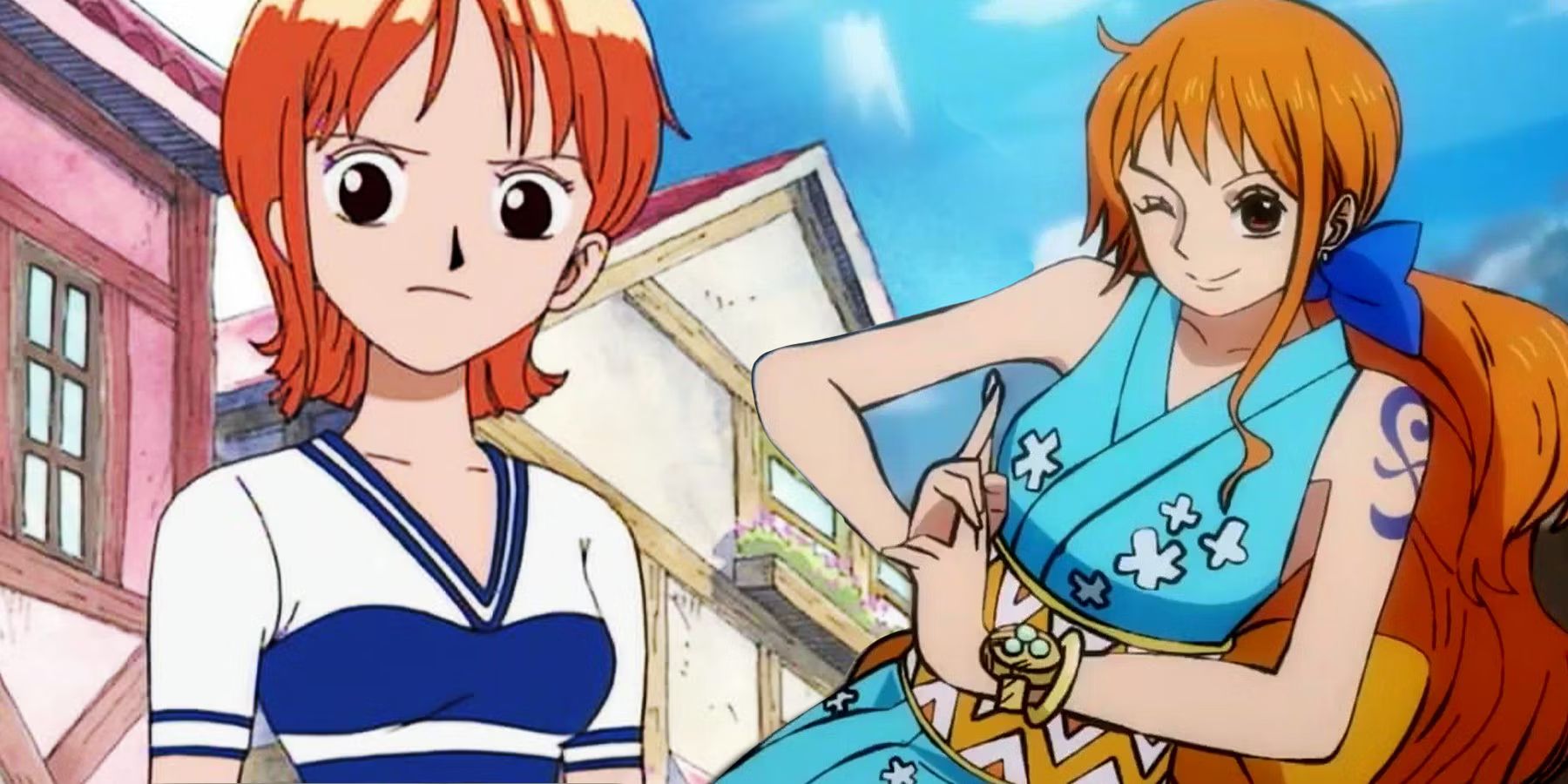 Imagens de Nami de One Piece antes e depois do salto no tempo mostram ela em pé enquanto é desenhada em dois designs diferentes.  Uma de sua primeira aparição em Orange Town e a segunda é ela vestindo um quimono azul de Wano.
