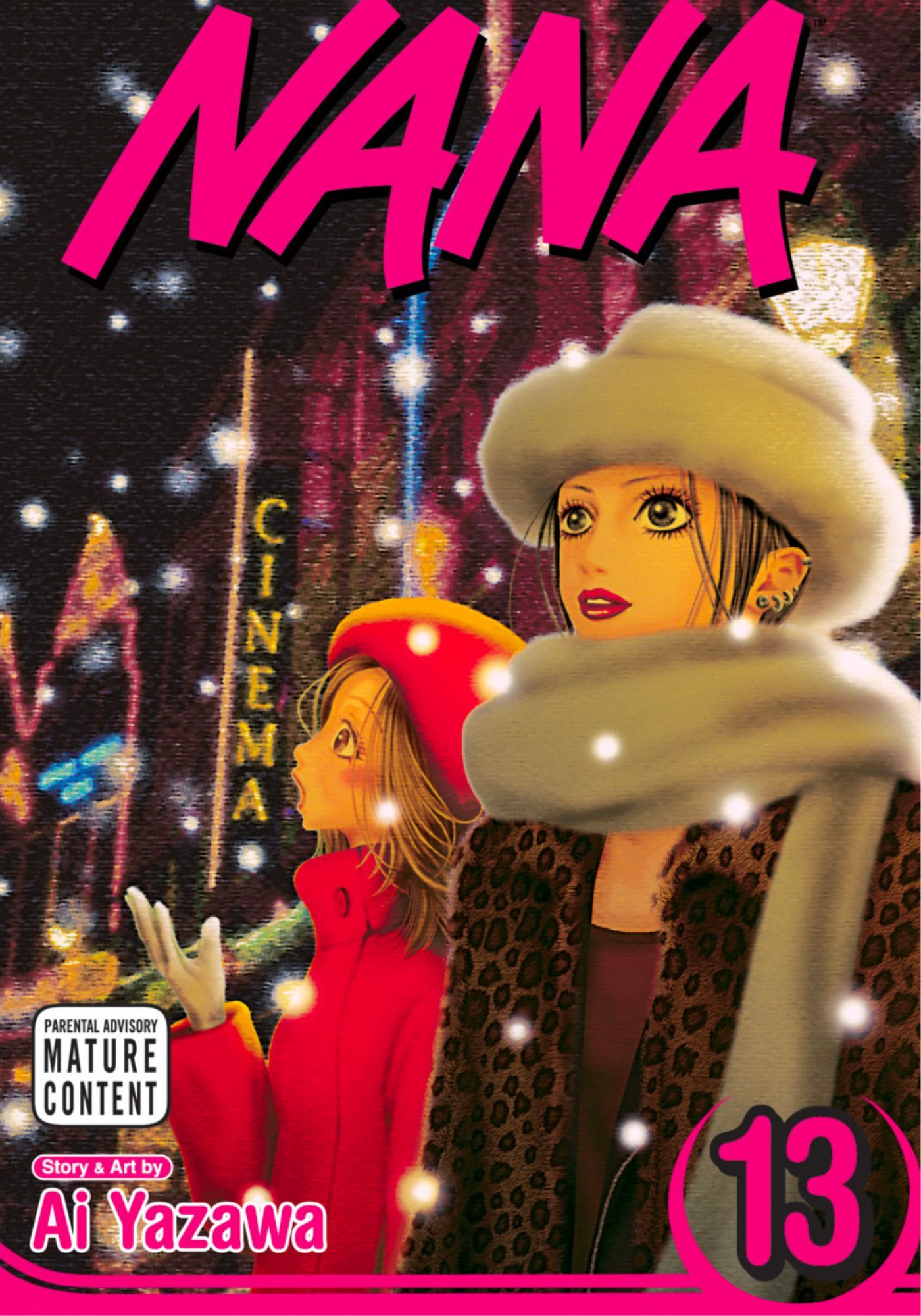 Nana volume 13 cover art of Hachi and Nana standing outside of a movie theater, looking out at the snow.