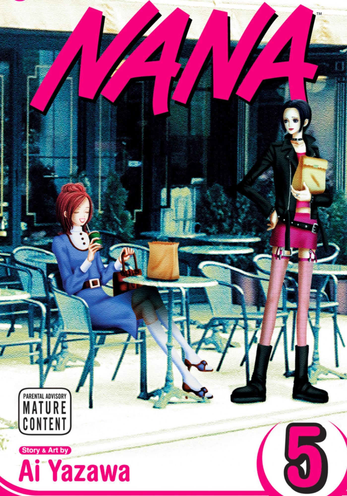 NANA volume 5 cover art depicting Hachi sitting at a cafe table enjoying a drink while Nana stands to the side.