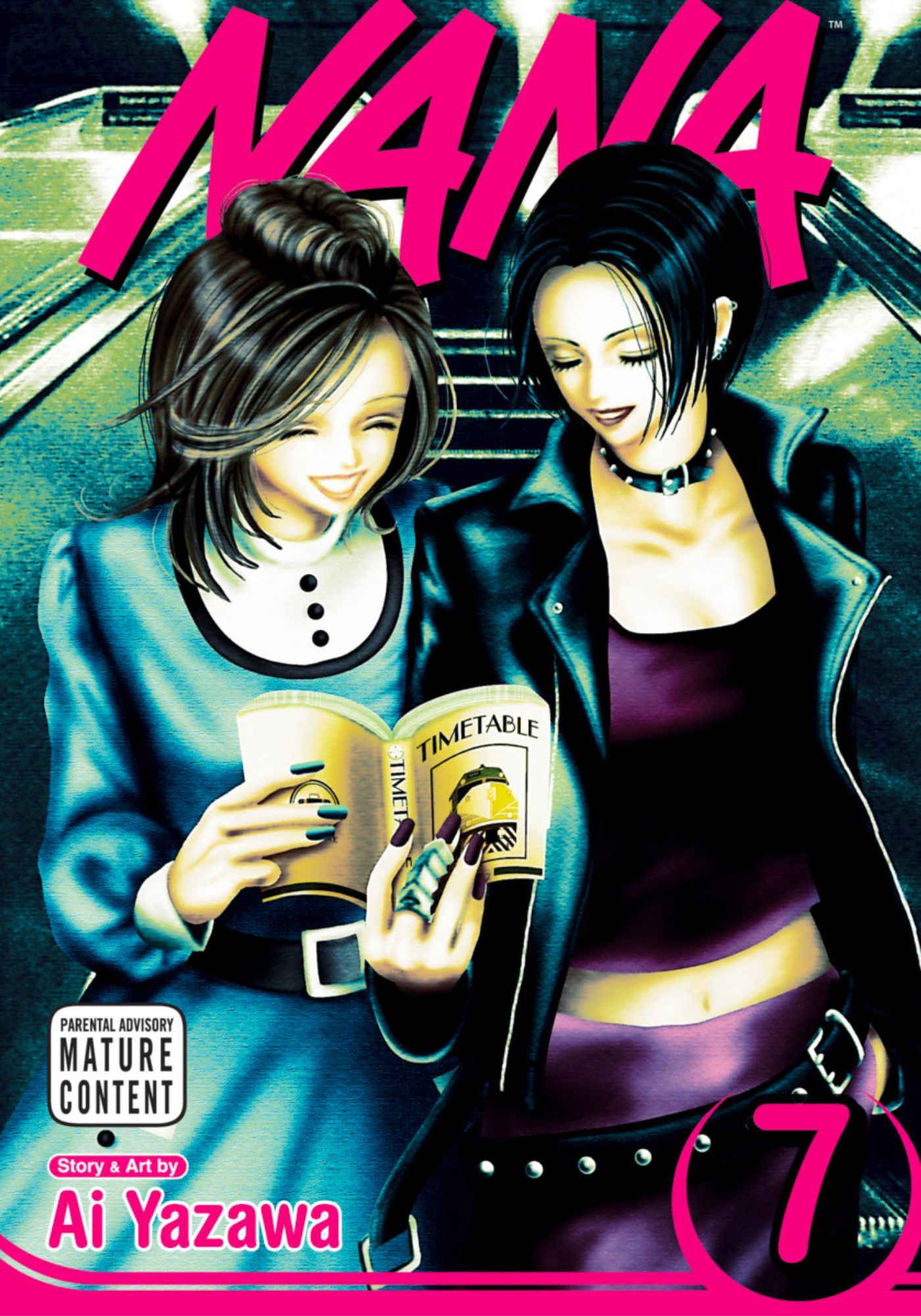 NANA Volume 7 cover art depicting Nana and Hachi checking the train's schedule together while going down an escalator.