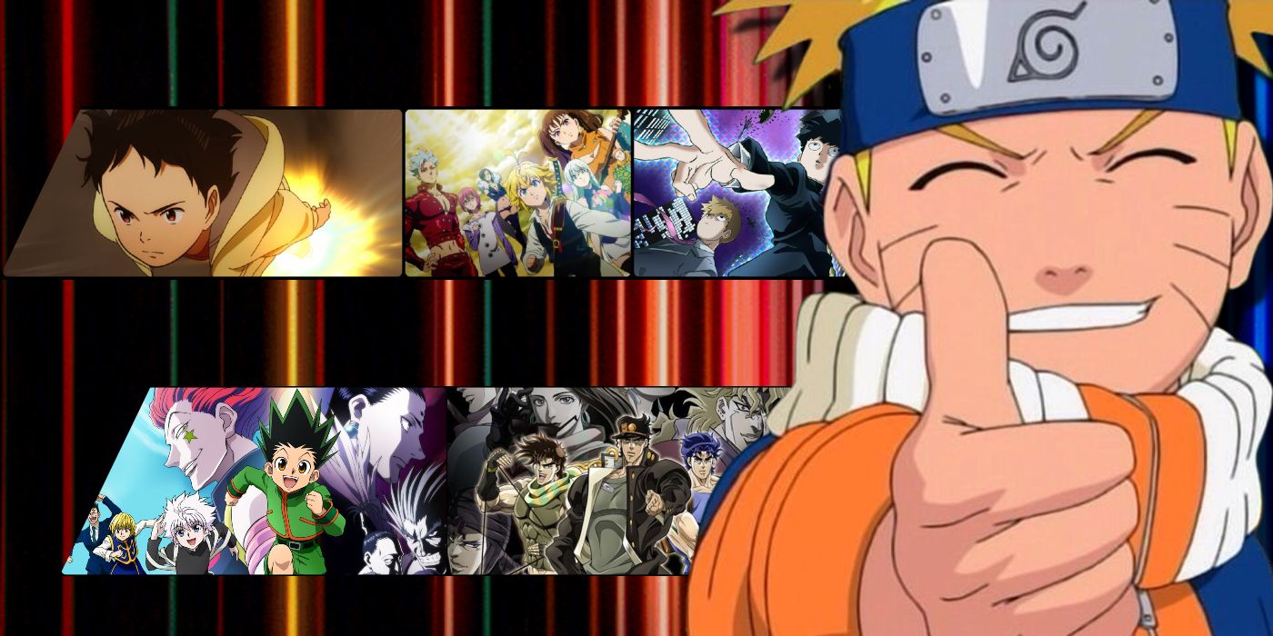 Naruto against a backdrop of Netflix anime including JoJo's Bizarre Adventure, Pluto, and Mob Psycho