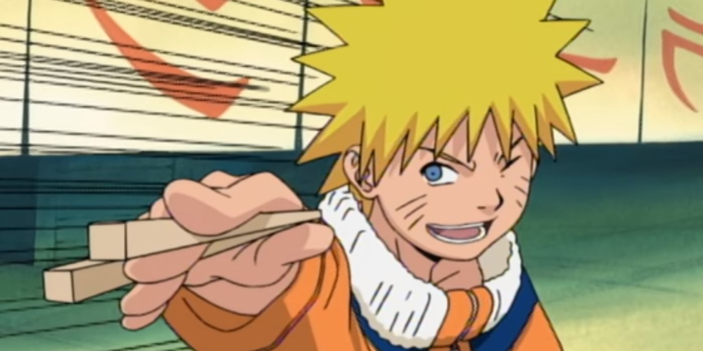 Captura de tela do episódio 1 do Naruto Anime mostra Naruto comendo ramen com Iruka e declarando que ele será um Hokage melhor do que os anteriores.